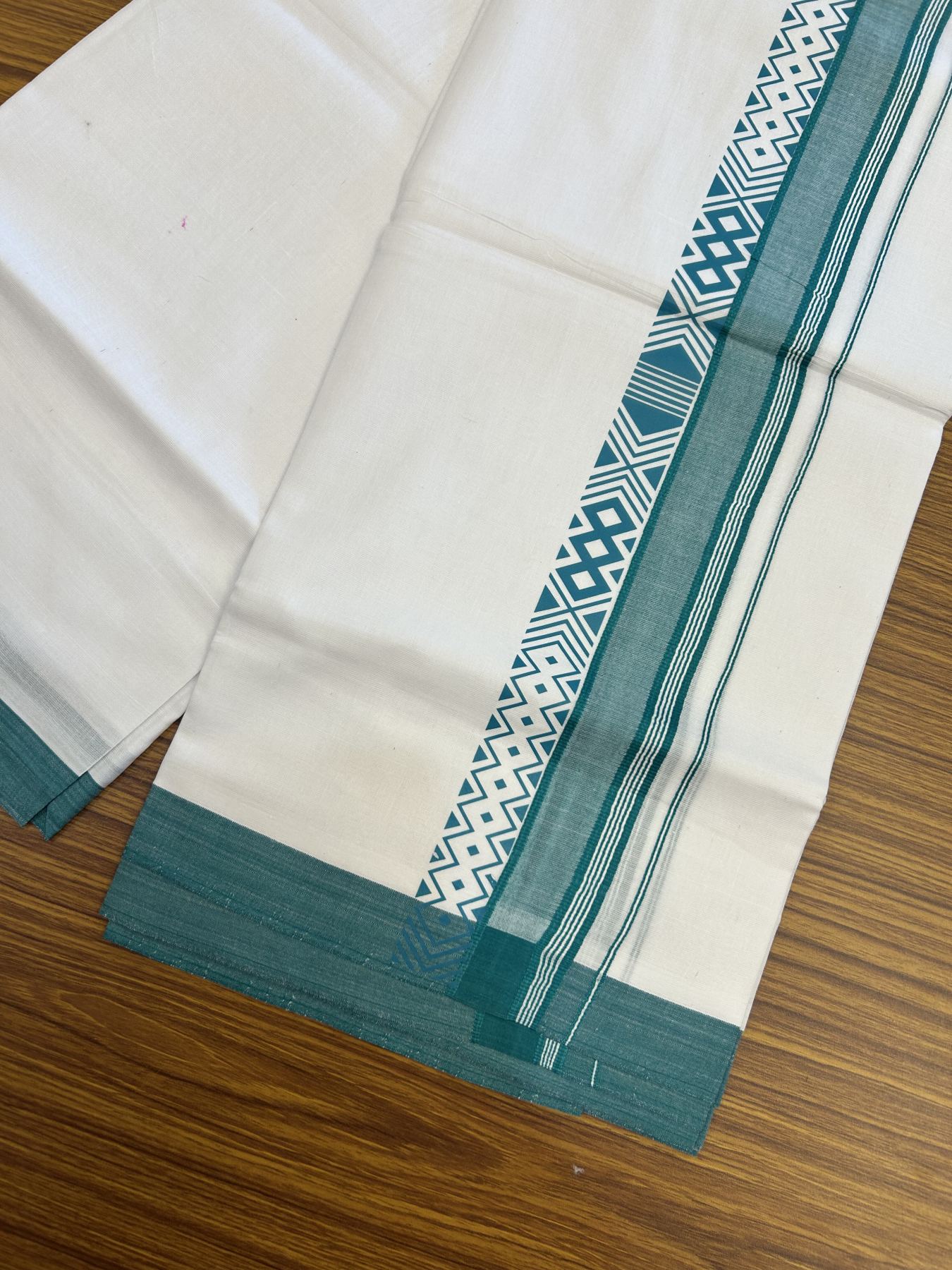 20% Discount ! KaithariKada Balaramapuram Cotton Double Pure white Mundu/Dhoti- 80s - 2.5 inch Blue Green Printed Shade Stripes Design Kara - 3.65 mtr (8 muzham) - 48 KK5329 GAN