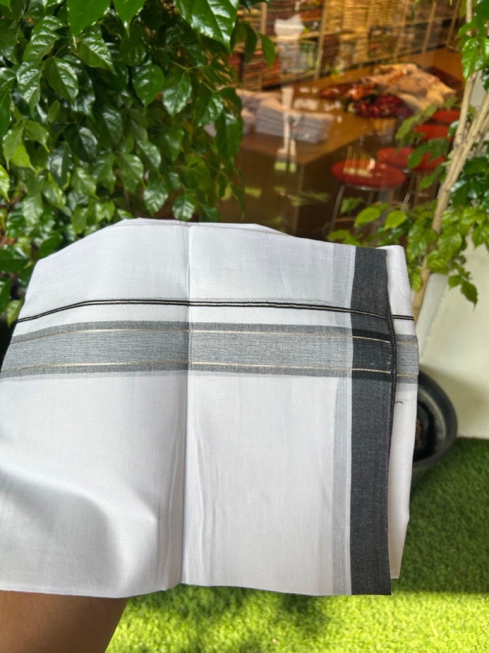 20% DISCOUNT! KaithariKada Balaramapuram 100% Cotton Double Pure white Mundu/Dhoti- 60s - 1.25 inch Silver Kasavu & Black Shaded Kara - 3.88mtr ( 8 muzham) - 50KK5227 PMC
