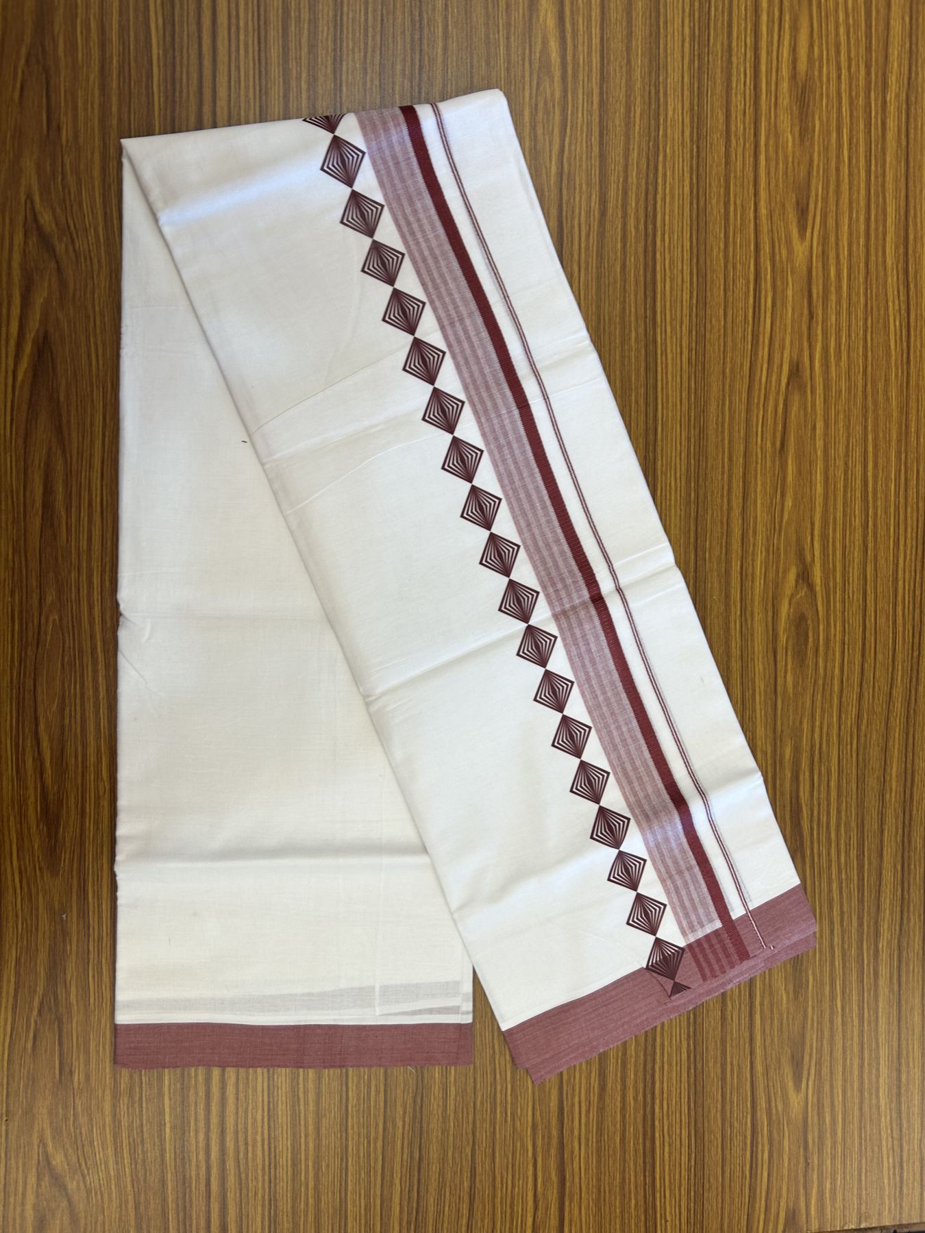 20% Discount ! KaithariKada Balaramapuram Cotton Double Pure white Mundu/Dhoti- 80s - 2.5 inch Light Maroon Printed Shade Stripes Design Kara - 3.65 mtr (8 muzham) - 8 KK5329 GAN