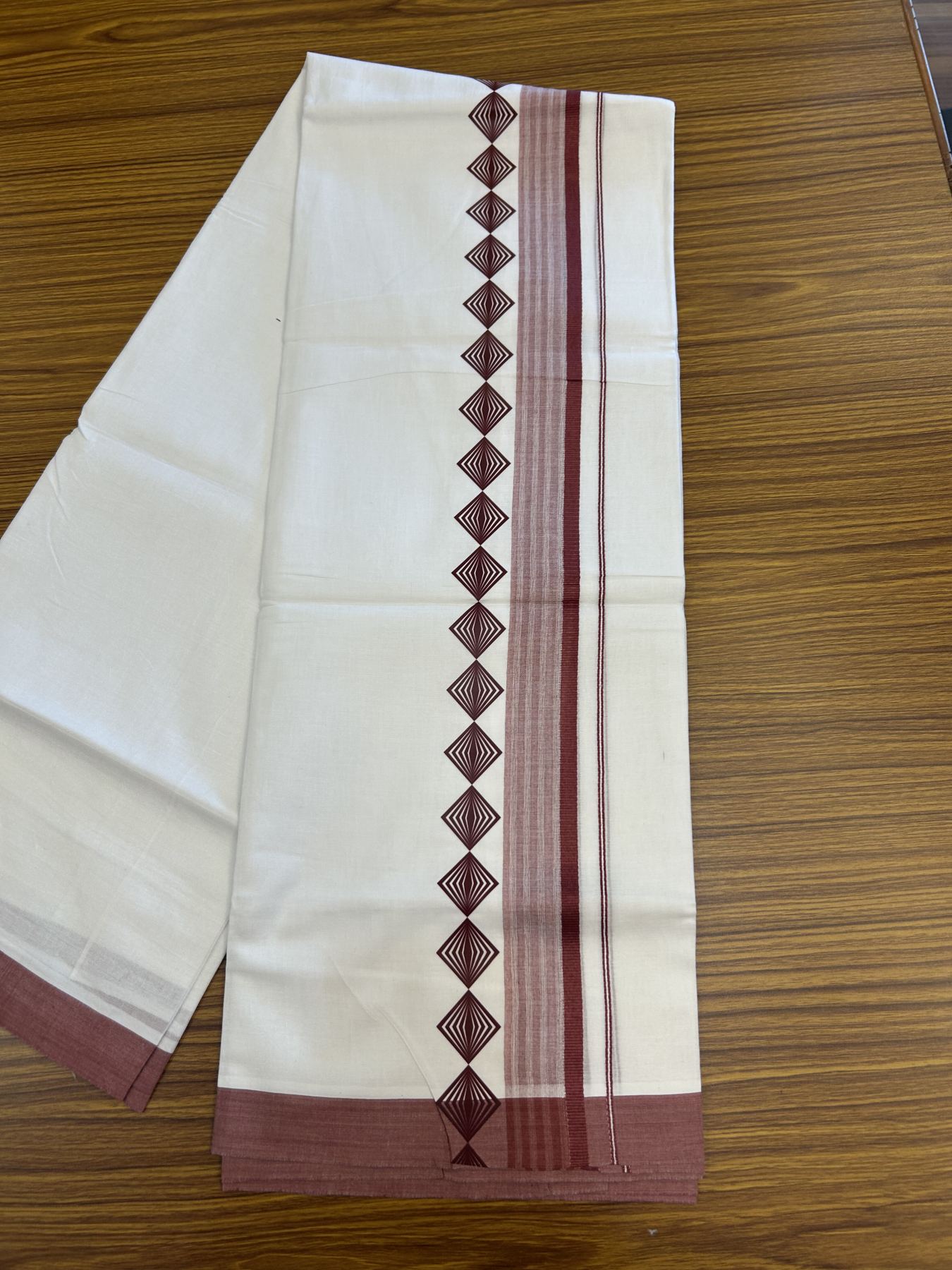 20% Discount ! KaithariKada Balaramapuram Cotton Double Pure white Mundu/Dhoti- 80s - 2.5 inch Light Maroon Printed Shade Stripes Design Kara - 3.65 mtr (8 muzham) - 8 KK5329 GAN