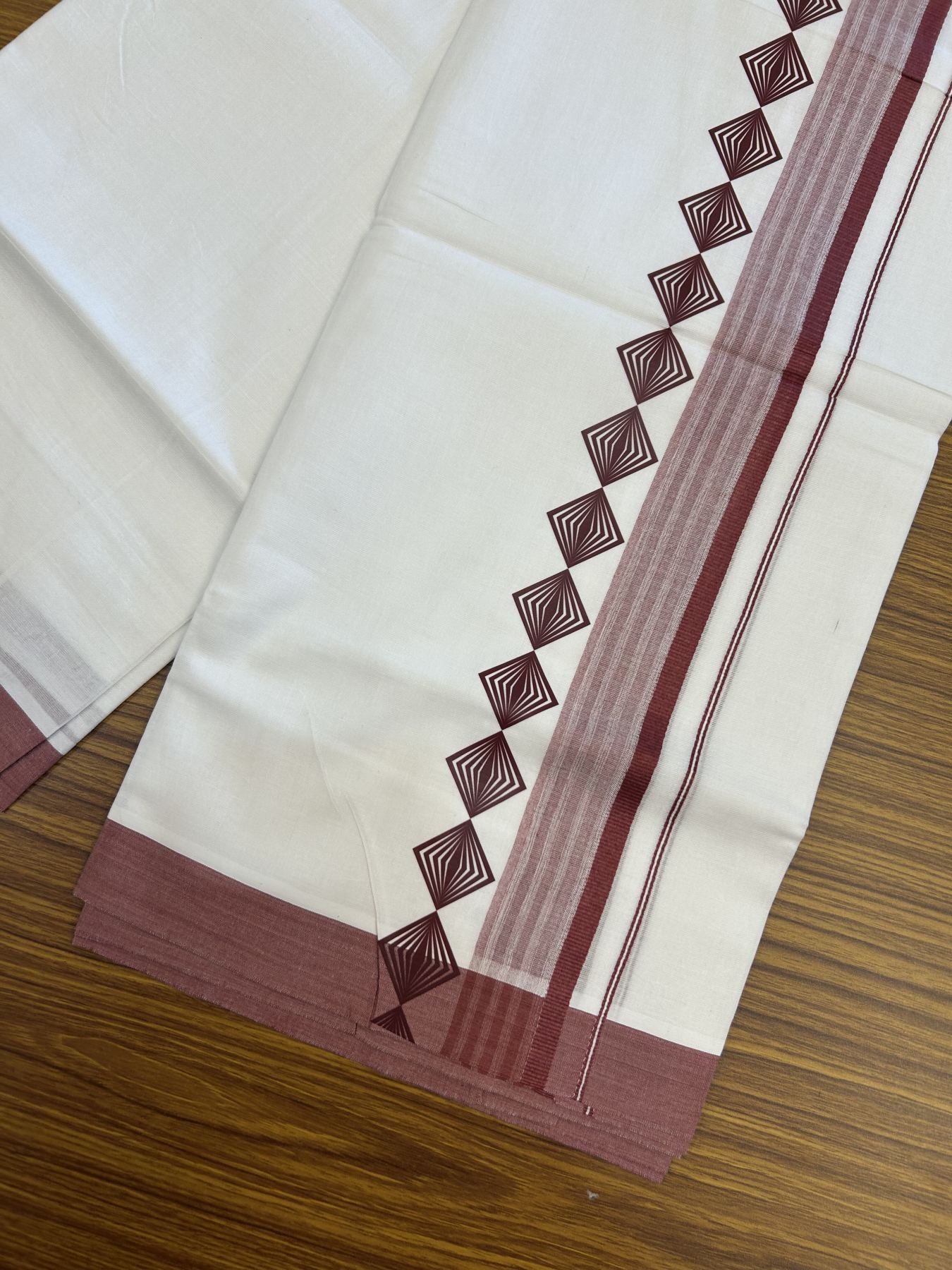 20% Discount ! KaithariKada Balaramapuram Cotton Double Pure white Mundu/Dhoti- 80s - 2.5 inch Light Maroon Printed Shade Stripes Design Kara - 3.65 mtr (8 muzham) - 8 KK5329 GAN