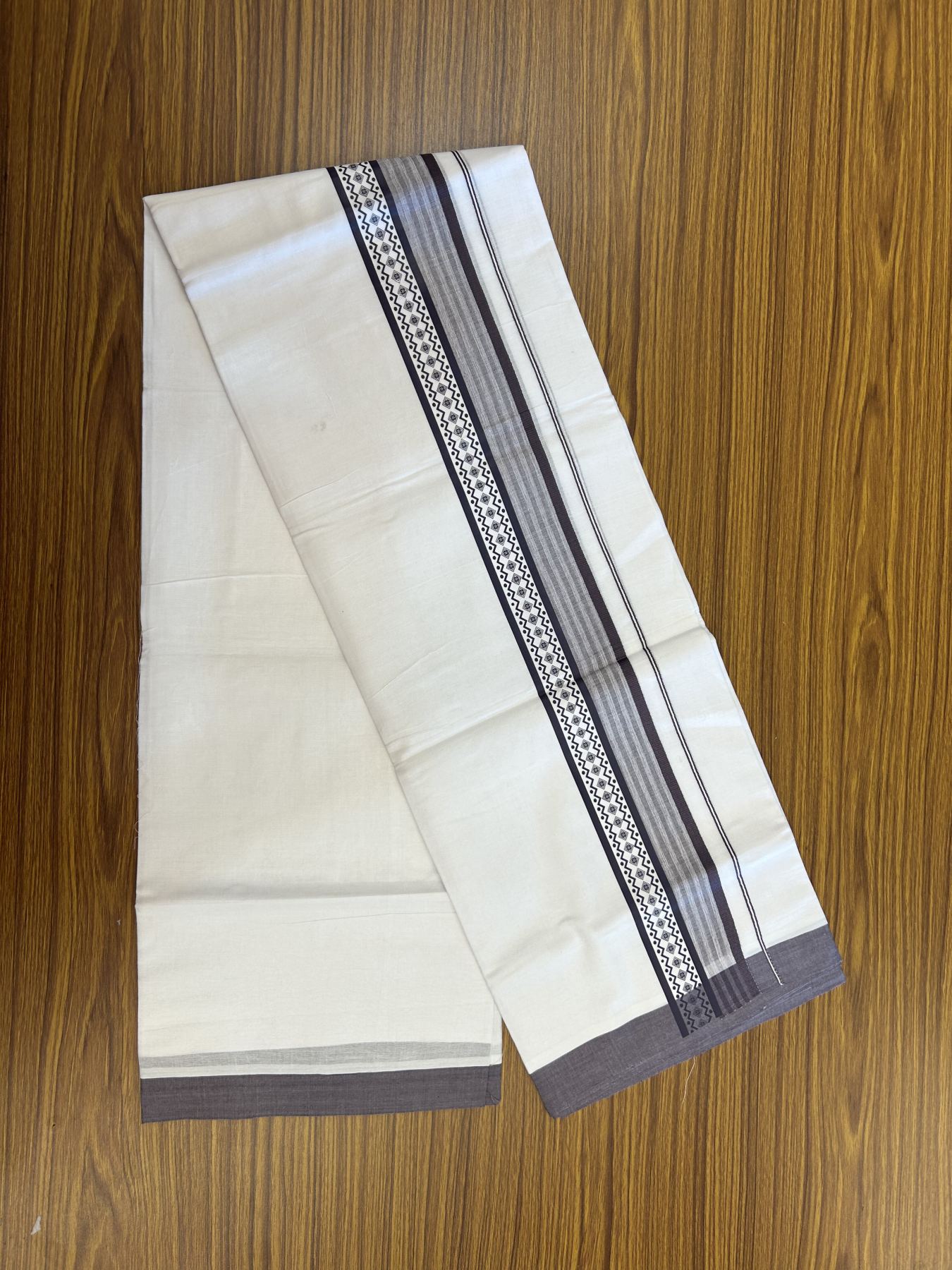 20% Discount ! KaithariKada Balaramapuram Cotton Double Pure white Mundu/Dhoti- 80s - 2.5 inch Purple Ash Printed Shade Stripes Design Kara - 3.65 mtr (8 muzham) - 33 KK5329 GAN