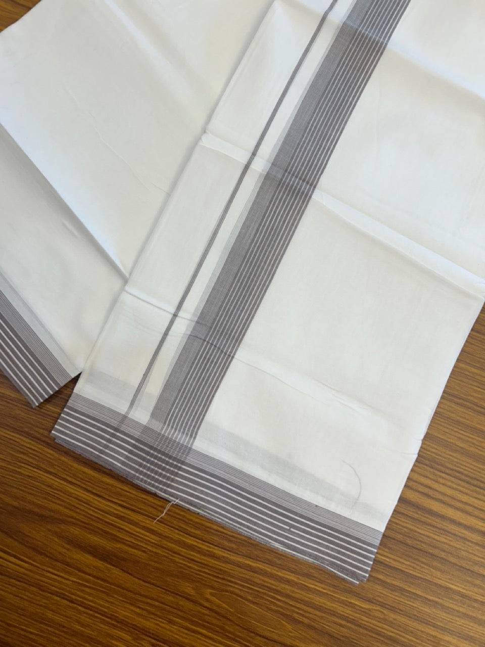 20% Discount ! Kaitharikada Balaramapuram 100% Cotton PURE WHITE Double Mundu/Dothi - 100x80 - 1.5 inch Faded Purple Shaded Striped Kara 3.90 mtr (8 muzham) - 70 KK5294 THI