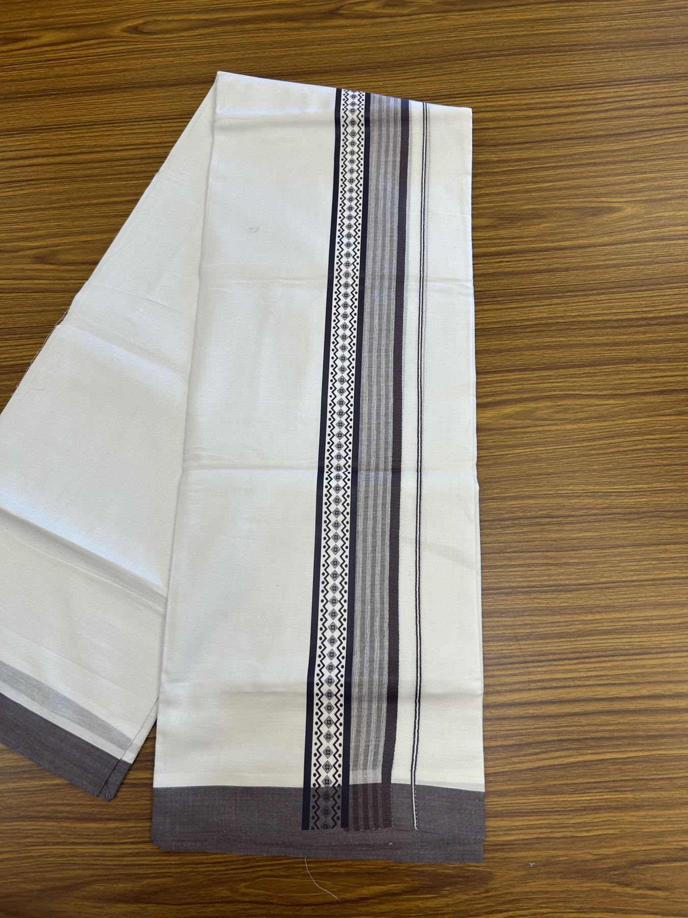 20% Discount ! KaithariKada Balaramapuram Cotton Double Pure white Mundu/Dhoti- 80s - 2.5 inch Purple Ash Printed Shade Stripes Design Kara - 3.65 mtr (8 muzham) - 33 KK5329 GAN