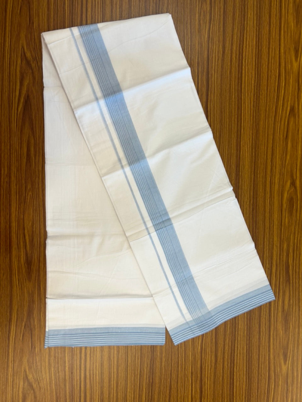 20% Discount ! Kaitharikada Balaramapuram 100% Cotton PURE WHITE Double Mundu/Dothi - 100x80 - 1.5 inch Light Blue Shaded Striped Kara 3.90 mtr (8 muzham) - 71 KK5294 THI