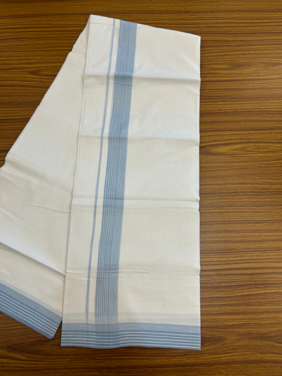 20% Discount ! Kaitharikada Balaramapuram 100% Cotton PURE WHITE Double Mundu/Dothi - 100x80 - 1.5 inch Light Blue Shaded Striped Kara 3.90 mtr (8 muzham) - 71 KK5294 THI