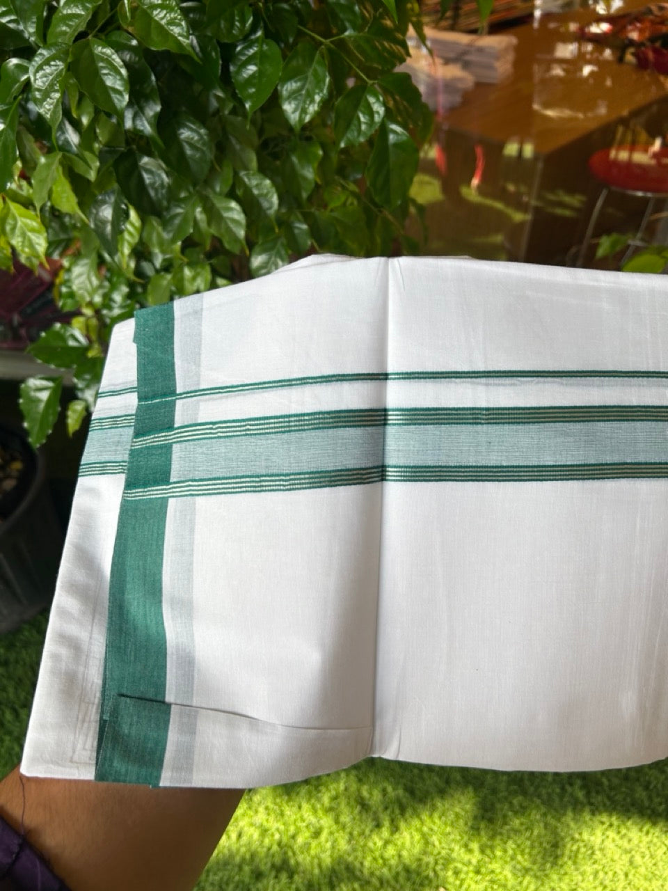 20% DISCOUNT! KaithariKada Balaramapuram 100% Cotton Double Pure white Mundu/Dhoti- 100X80 - 1.25 inch Silver Kasavu & Green Striped Kara - 3.84mtr ( 8 muzham) - 61KK5227 PMC