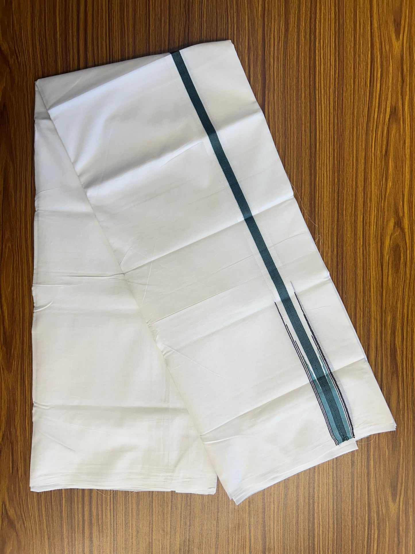 SHORT DHOTI SPECIAL! Kaitharikada.com - 20% Discount! Balaramapuram Double PURE WHITE Mundu/Dhoti - 100X100 - 1 inch Kara & 44 inches Height Puliyilakkara Light Teal Blue & Black Striped Chutty Kara - 10KK5146ASH