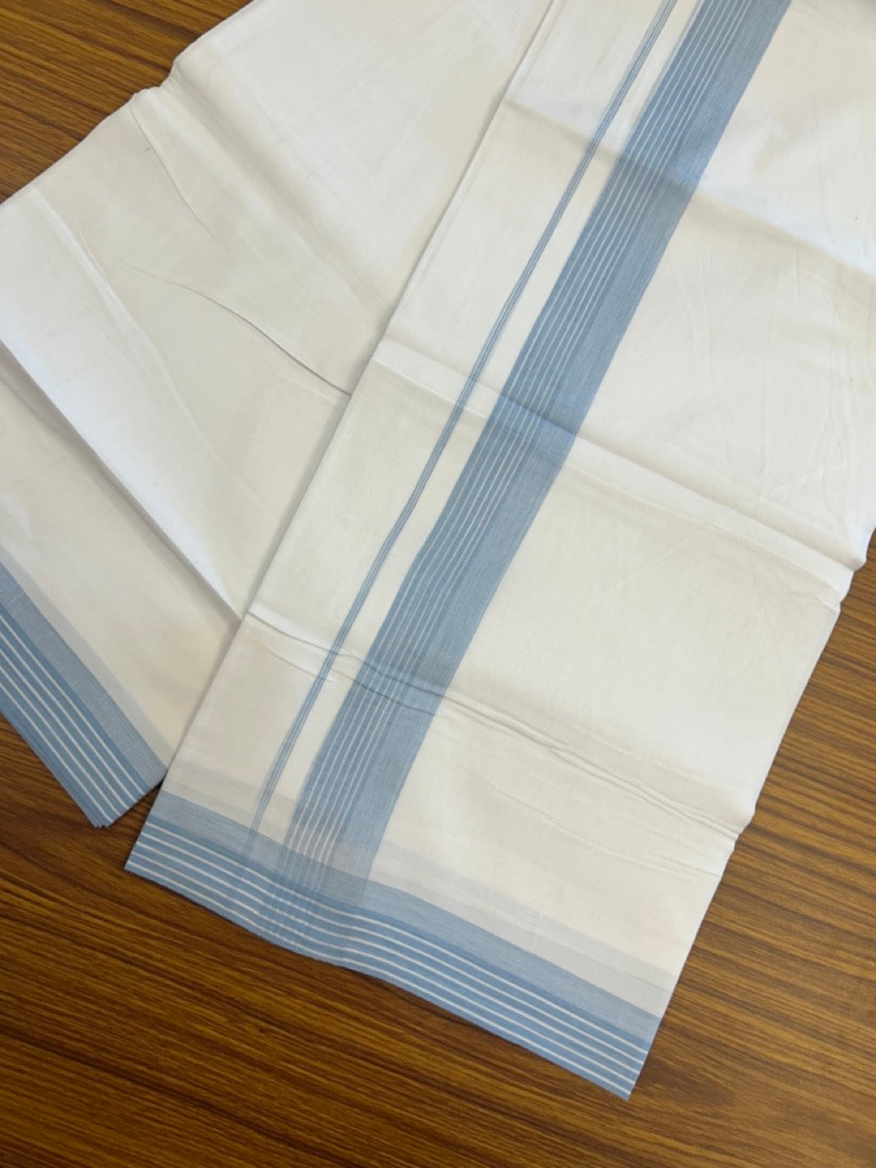 20% Discount ! Kaitharikada Balaramapuram 100% Cotton PURE WHITE Double Mundu/Dothi - 100x80 - 1.5 inch Light Blue Shaded Striped Kara 3.90 mtr (8 muzham) - 71 KK5294 THI