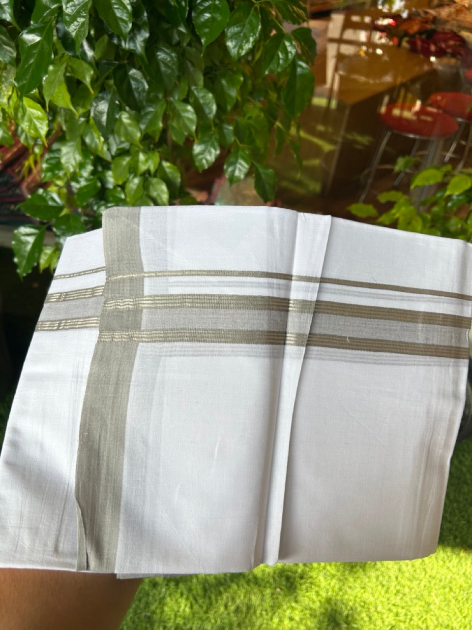 20% DISCOUNT! KaithariKada Balaramapuram 100% Cotton Double Pure white Mundu/Dhoti- 100X80 - 1.25 inch Silver Kasavu & Ash Grey Striped Kara - 3.84mtr ( 8 muzham) - 60KK5227 PMC