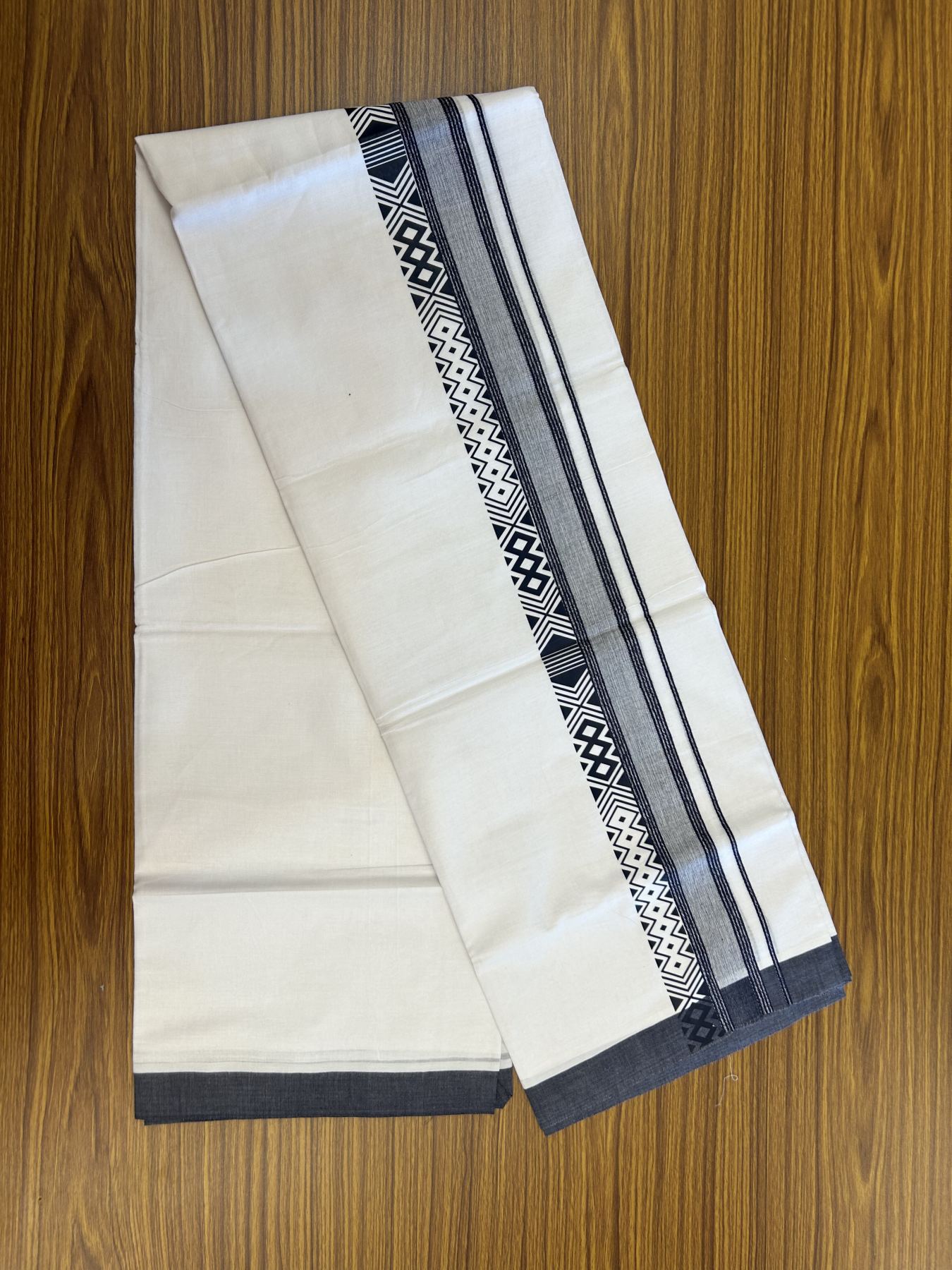 20% Discount ! KaithariKada Balaramapuram Cotton Double Pure white Mundu/Dhoti- 80s - 2.5 inch Navy Blue Printed Shade Stripes Design Kara - 3.65 mtr (8 muzham) - 58 KK5329 GAN