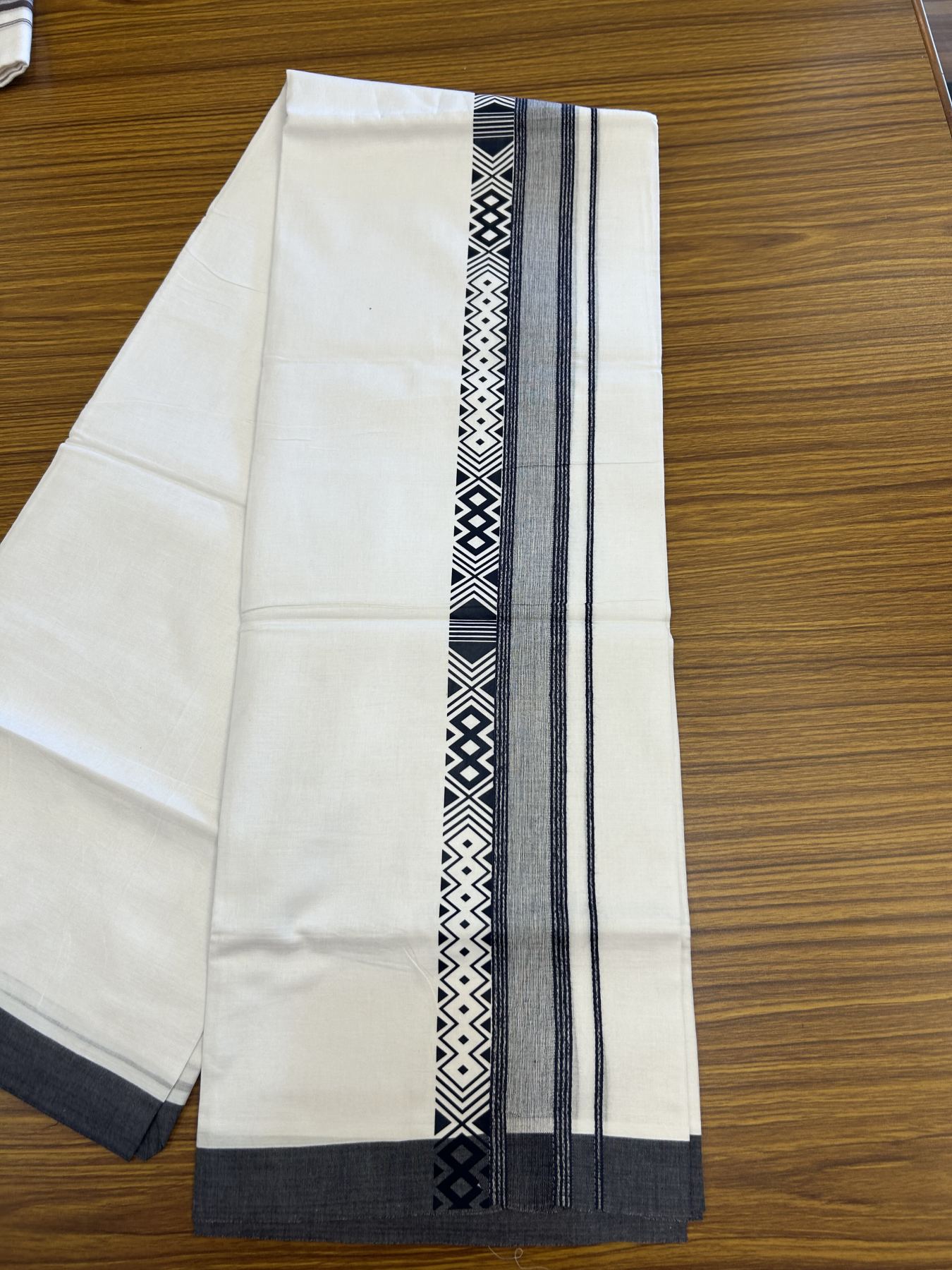 20% Discount ! KaithariKada Balaramapuram Cotton Double Pure white Mundu/Dhoti- 80s - 2.5 inch Navy Blue Printed Shade Stripes Design Kara - 3.65 mtr (8 muzham) - 58 KK5329 GAN