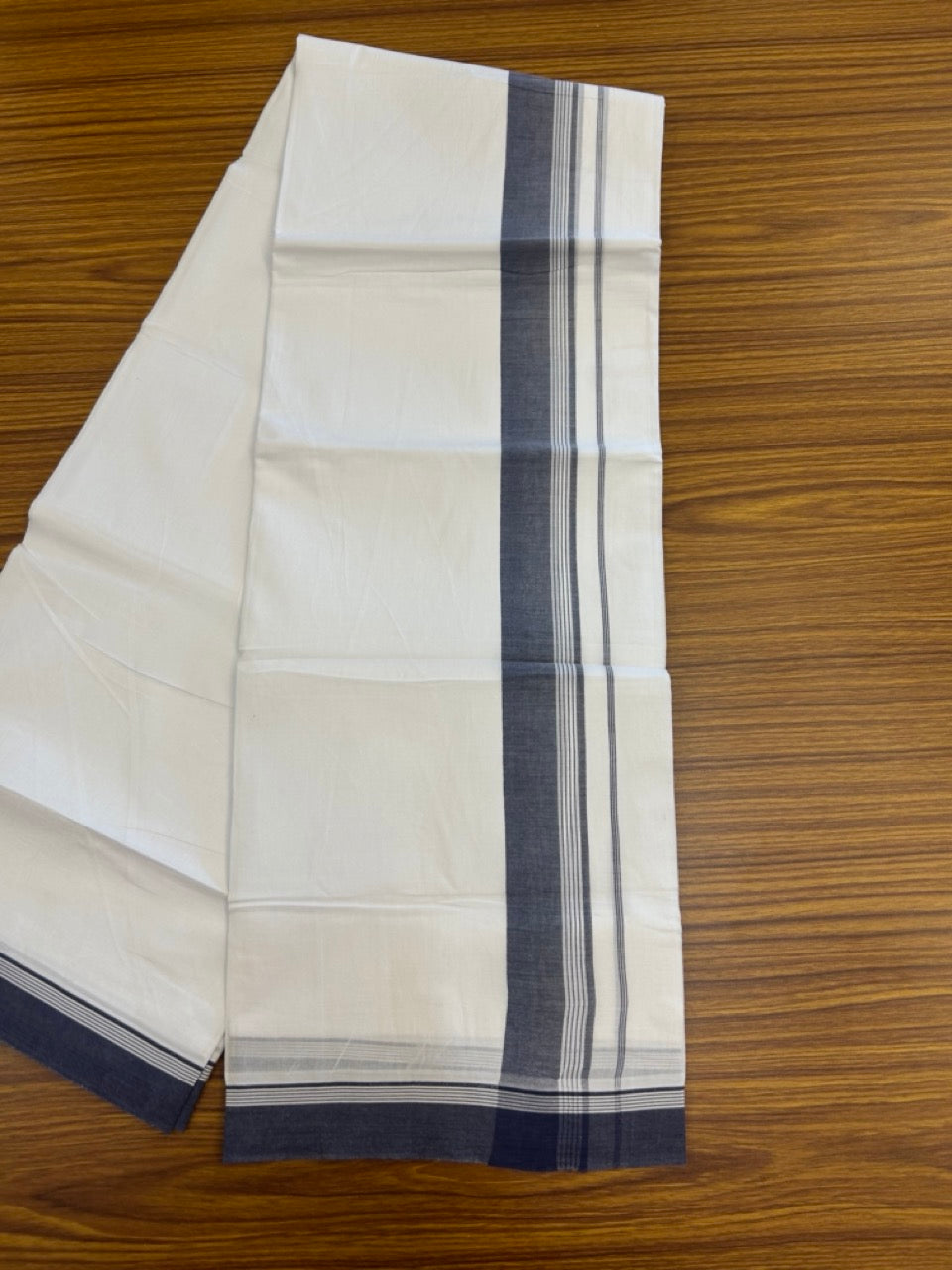 20% Discount ! Kaitharikada Balaramapuram 100% Cotton PURE WHITE Double Mundu/Dothi - 100x80 - 1.75 inch Navy Blue Shaded Striped Kara 3.90 mtr (8 muzham) - 72 KK5294 THI