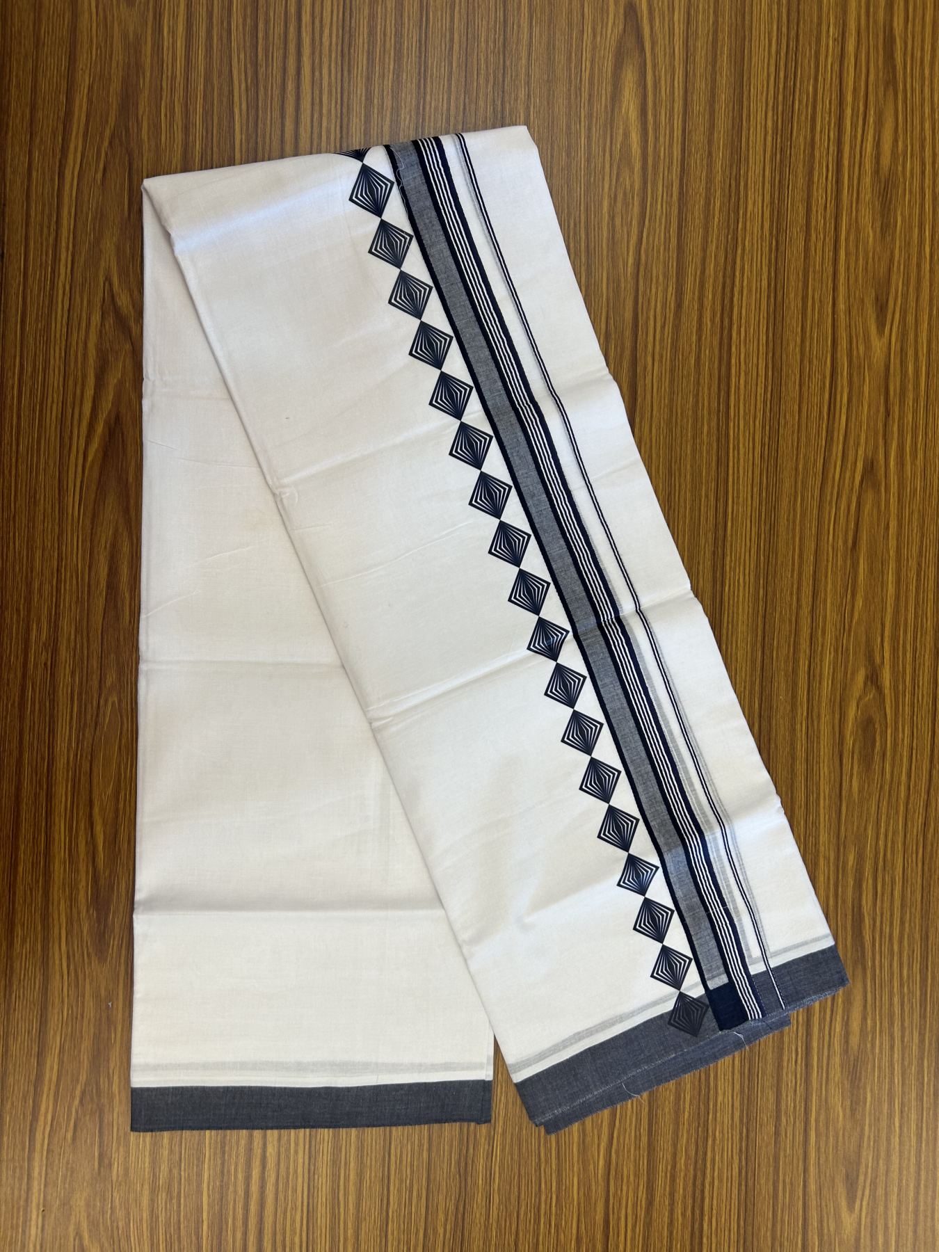 20% Discount ! KaithariKada Balaramapuram Cotton Double Pure white Mundu/Dhoti- 80s - 2.5 inch Navy Blue Printed Shade Stripes Design Kara - 3.65 mtr (8 muzham) - 9 KK5329 GAN