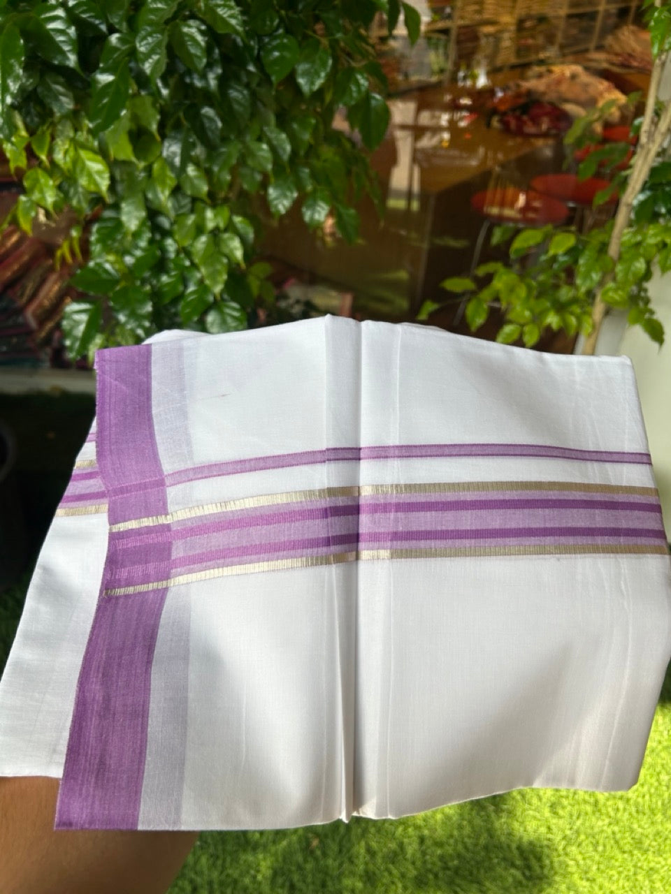 20% DISCOUNT! KaithariKada Balaramapuram 100% Cotton Double Pure white Mundu/Dhoti- 60s - 1.5 inch Silver Kasavu & Light Violet Striped Kara - 3.80mtr ( 8 muzham) - 57KK5227 PMC