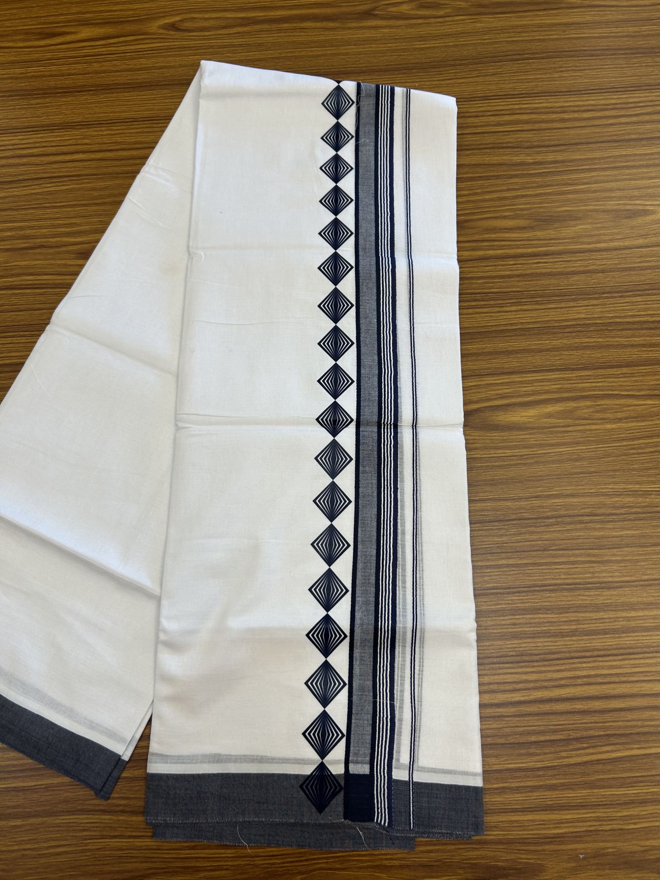 20% Discount ! KaithariKada Balaramapuram Cotton Double Pure white Mundu/Dhoti- 80s - 2.5 inch Navy Blue Printed Shade Stripes Design Kara - 3.65 mtr (8 muzham) - 9 KK5329 GAN