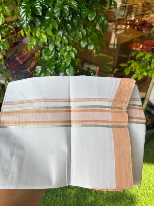 20% DISCOUNT! KaithariKada Balaramapuram 100% Cotton Double Pure white Mundu/Dhoti- 60s - 1.75 inch Silver Kasavu & Light Orange Brown Striped Kara - 3.80mtr ( 8 muzham) - 56KK5227 PMC