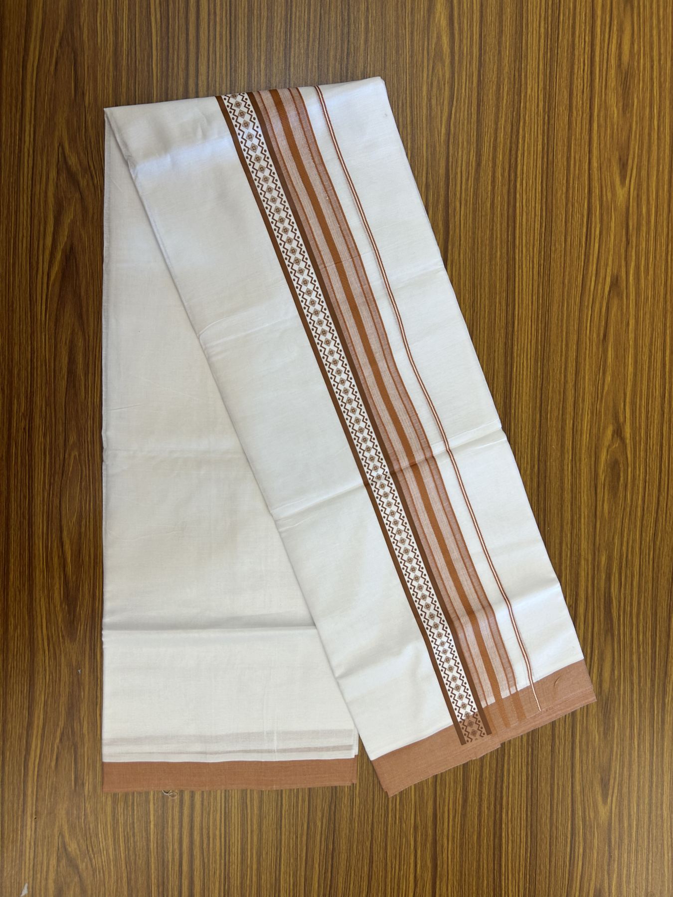 20% Discount ! KaithariKada Balaramapuram Cotton Double Pure white Mundu/Dhoti- 80s - 2.5 inch Brown Printed Shade Stripes Design Kara - 3.65 mtr (8 muzham) - 30 KK5329 GAN