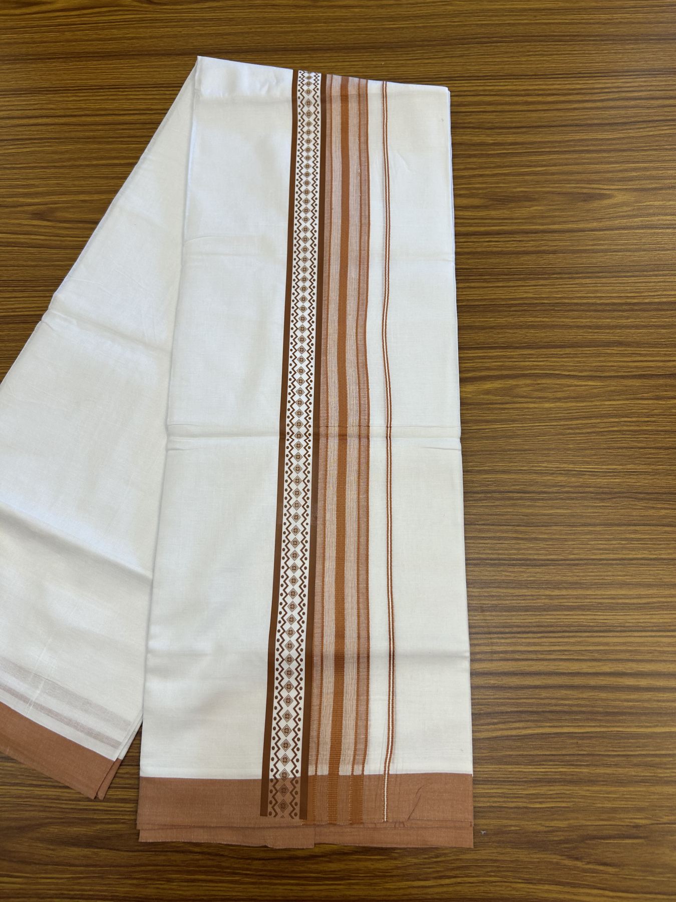 20% Discount ! KaithariKada Balaramapuram Cotton Double Pure white Mundu/Dhoti- 80s - 2.5 inch Brown Printed Shade Stripes Design Kara - 3.65 mtr (8 muzham) - 30 KK5329 GAN
