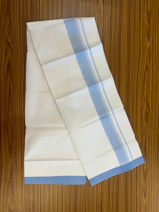 KaithariKada Balaramapuram 100% Cotton Single Pure White Mundu/Dhoti - 100X80 - 1.5 inch Light Blue Shaded Side Stripes kara 2 mtr (4 muzham) - 16 KK5294 THI