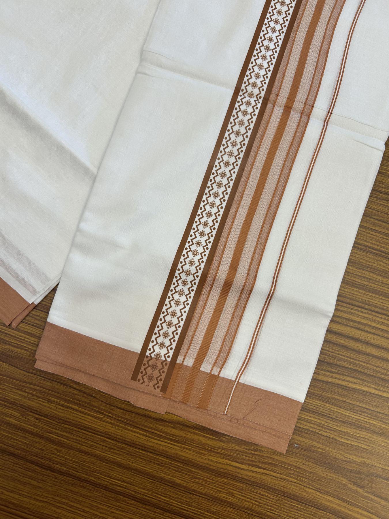 20% Discount ! KaithariKada Balaramapuram Cotton Double Pure white Mundu/Dhoti- 80s - 2.5 inch Brown Printed Shade Stripes Design Kara - 3.65 mtr (8 muzham) - 30 KK5329 GAN