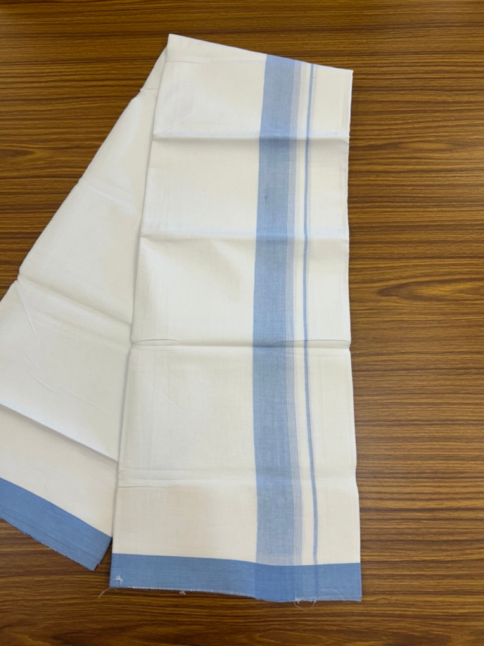 KaithariKada Balaramapuram 100% Cotton Single Pure White Mundu/Dhoti - 100X80 - 1.5 inch Light Blue Shaded Side Stripes kara 2 mtr (4 muzham) - 16 KK5294 THI