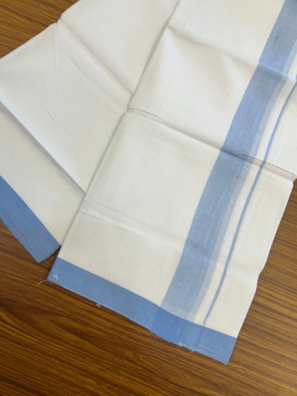 KaithariKada Balaramapuram 100% Cotton Single Pure White Mundu/Dhoti - 100X80 - 1.5 inch Light Blue Shaded Side Stripes kara 2 mtr (4 muzham) - 16 KK5294 THI