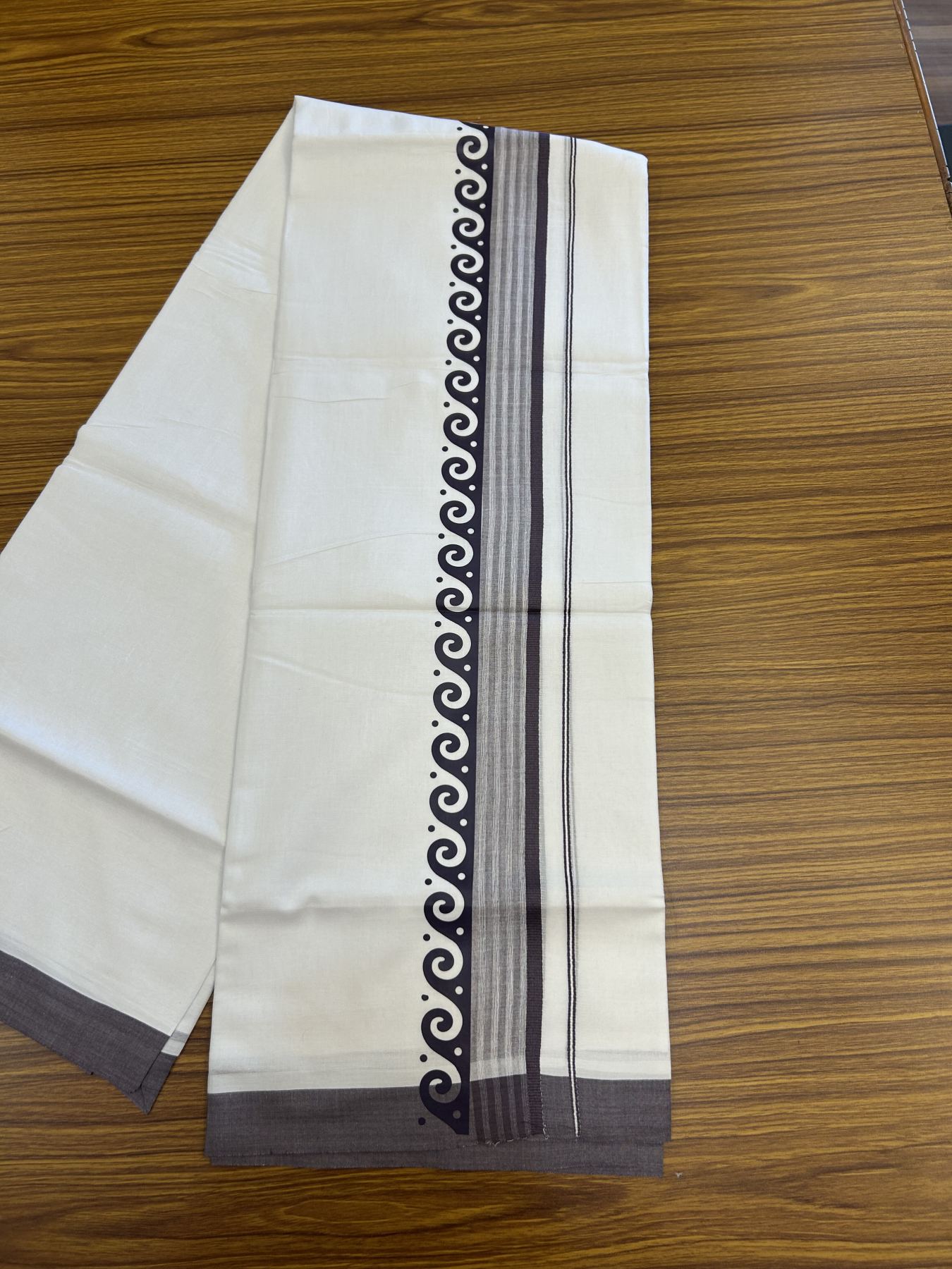 20% Discount ! KaithariKada Balaramapuram Cotton Double Pure white Mundu/Dhoti- 80s - 2.5 inch Dark Purple Ash Printed Shade Stripes Design Kara - 3.65 mtr (8 muzham) - 43 KK5329 GAN