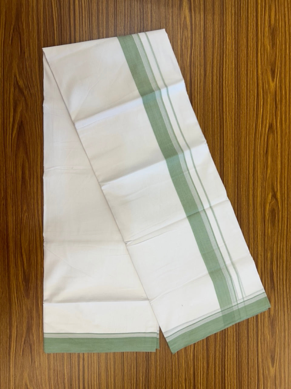 20% Discount ! Kaitharikada Balaramapuram 100% Cotton PURE WHITE Double Mundu/Dothi - 100x80 - 1.5 inch Pista Green Shaded Side Striped Kara 3.90 mtr (8 muzham) - 74 KK5294 THI