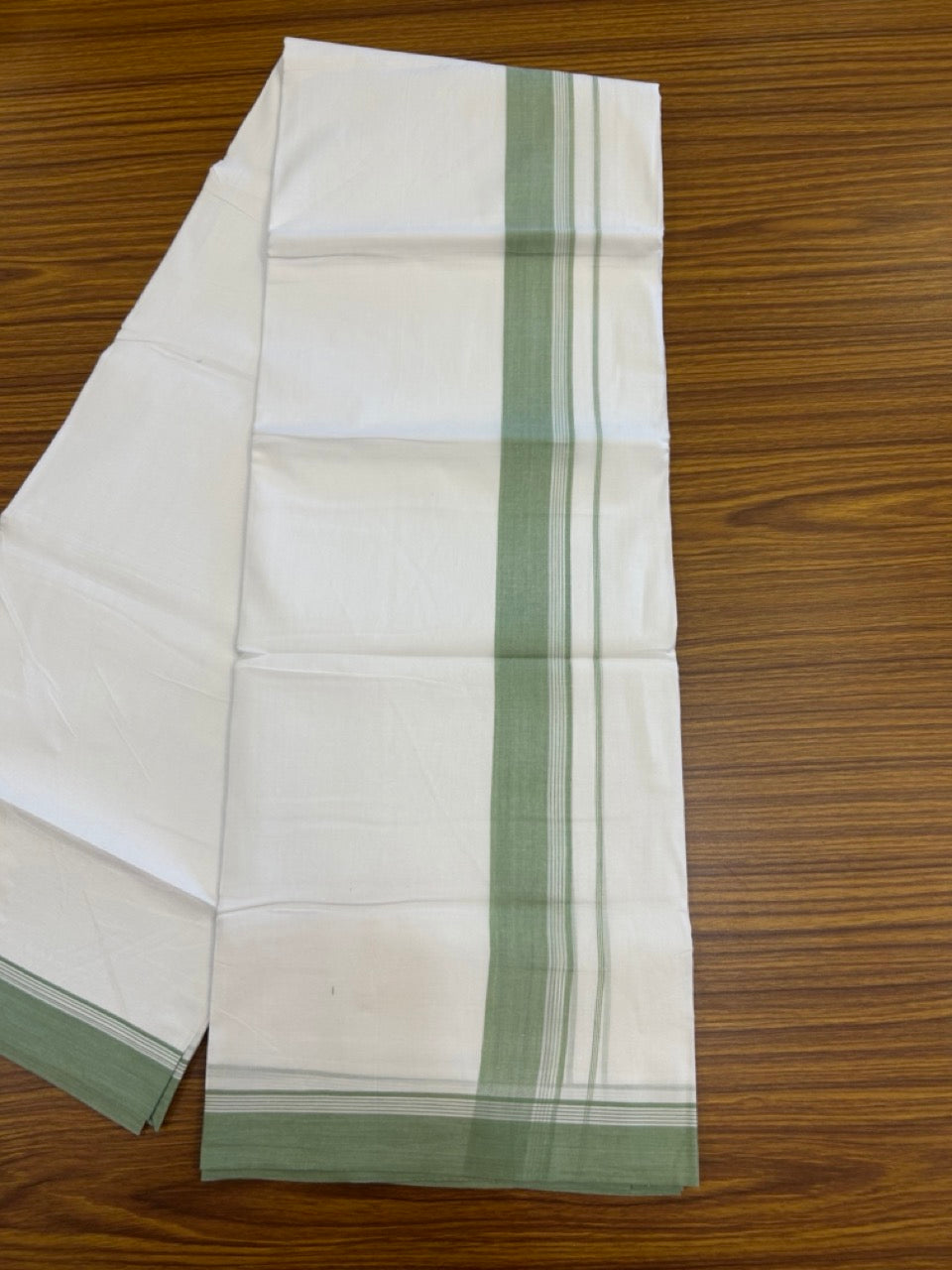 20% Discount ! Kaitharikada Balaramapuram 100% Cotton PURE WHITE Double Mundu/Dothi - 100x80 - 1.5 inch Pista Green Shaded Side Striped Kara 3.90 mtr (8 muzham) - 74 KK5294 THI