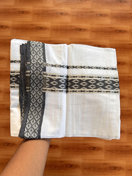 Pure White Mundu/Dhoti 20% Discount ! KaithariKada Balaramapuram 100% Cotton Double Pure White Mundu/Dhoti - 100X80 - 1.75 inch Silver Kasav & Black Jacquard Design kara 3.90 mtr (8 Muzham) - 9 KK5432 PMC