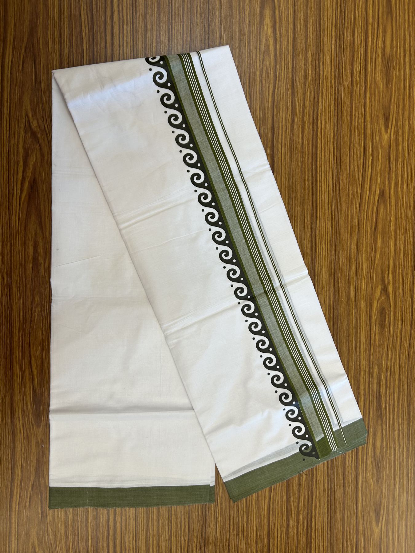 20% Discount ! KaithariKada Balaramapuram Cotton Double Pure white Mundu/Dhoti- 80s - 2.5 inch Olive Green Printed Shade Stripes Design Kara - 3.65 mtr (8 muzham) - 47 KK5329 GAN