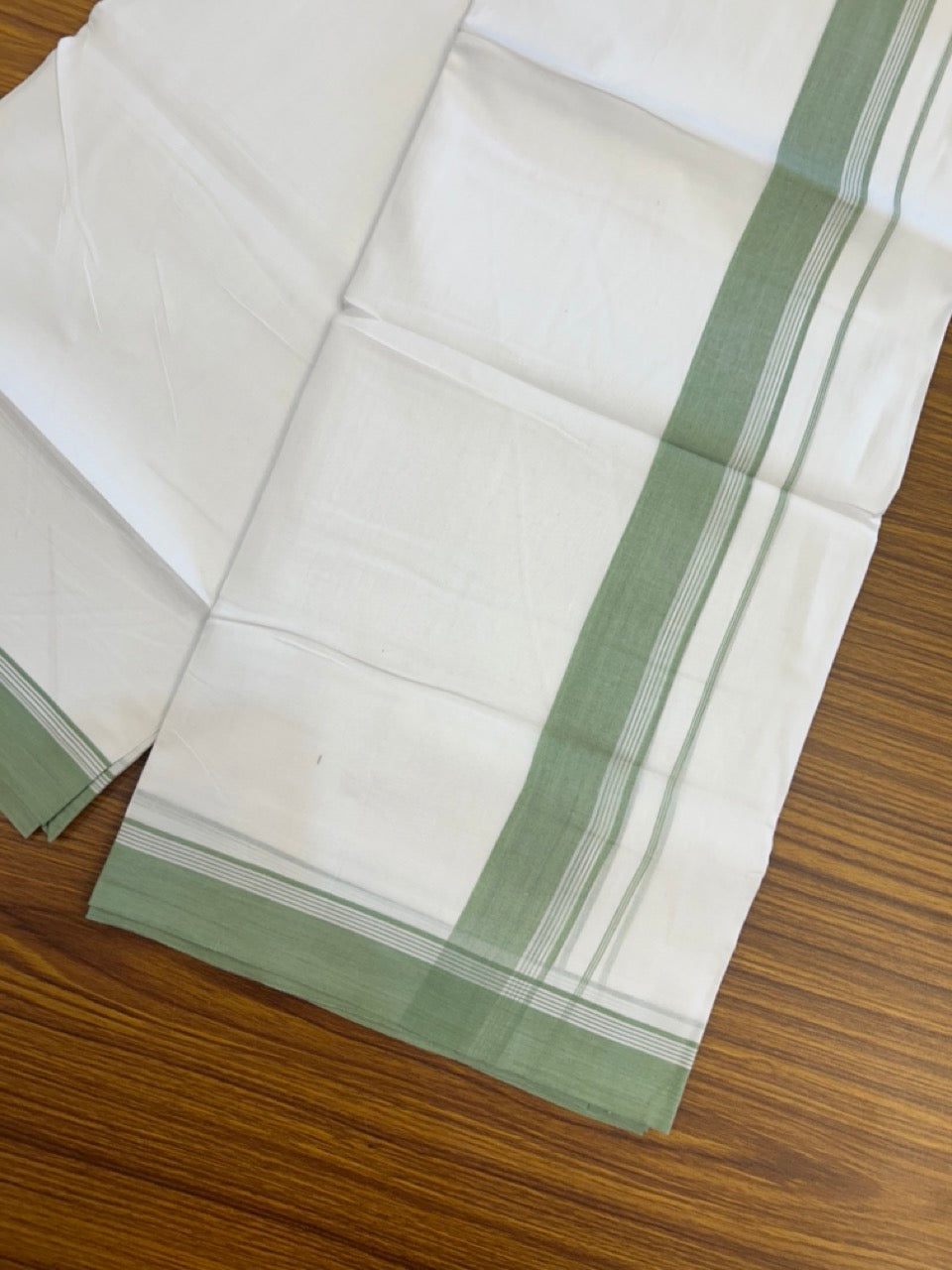 20% Discount ! Kaitharikada Balaramapuram 100% Cotton PURE WHITE Double Mundu/Dothi - 100x80 - 1.5 inch Pista Green Shaded Side Striped Kara 3.90 mtr (8 muzham) - 74 KK5294 THI