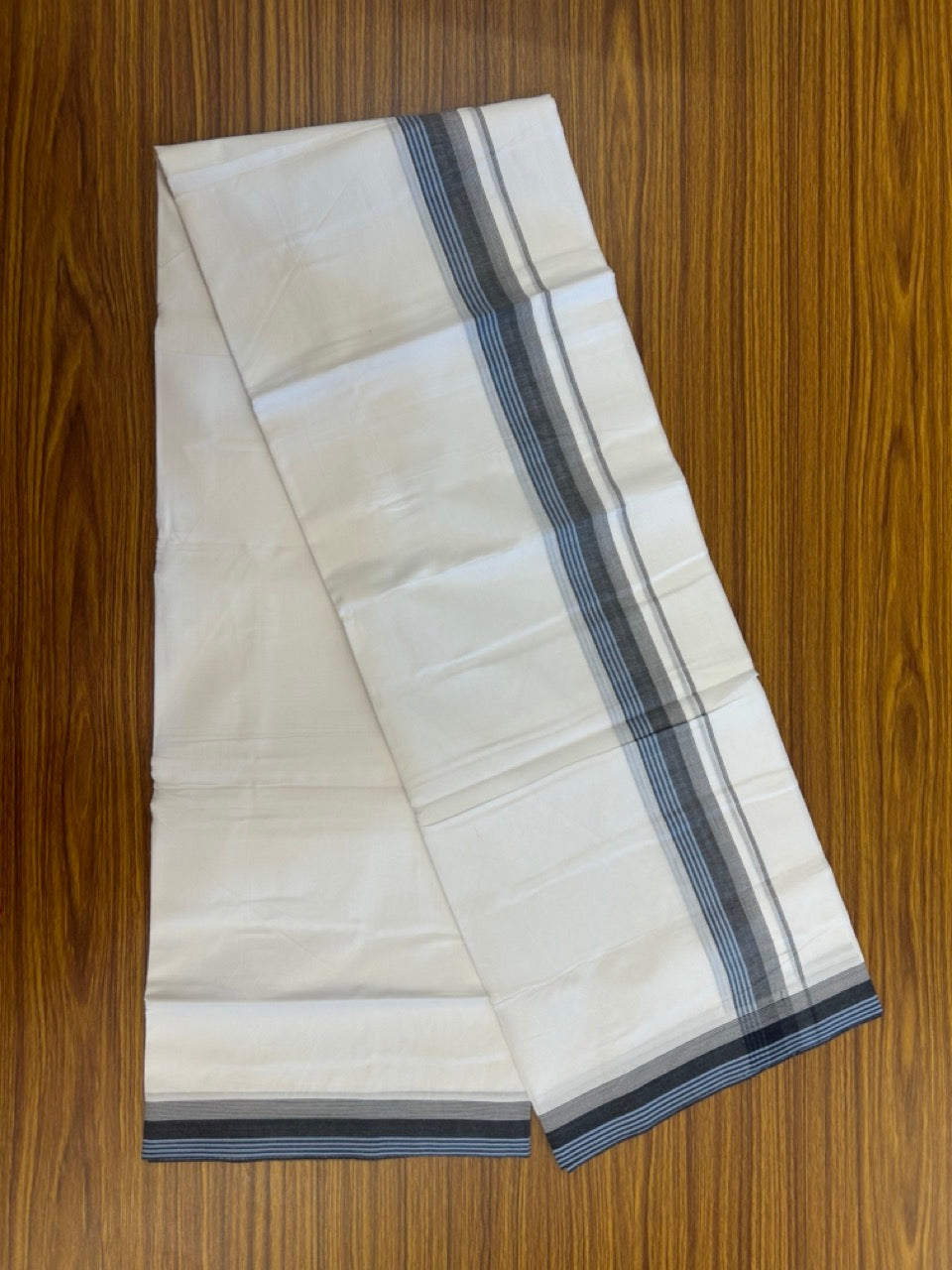 20% Discount ! Kaitharikada Balaramapuram 100% Cotton PURE WHITE Double Mundu/Dothi - 100x80 - 1.5 inch Black & Blue Shaded Striped Kara 3.90 mtr (8 muzham) - 75 KK5294 THI