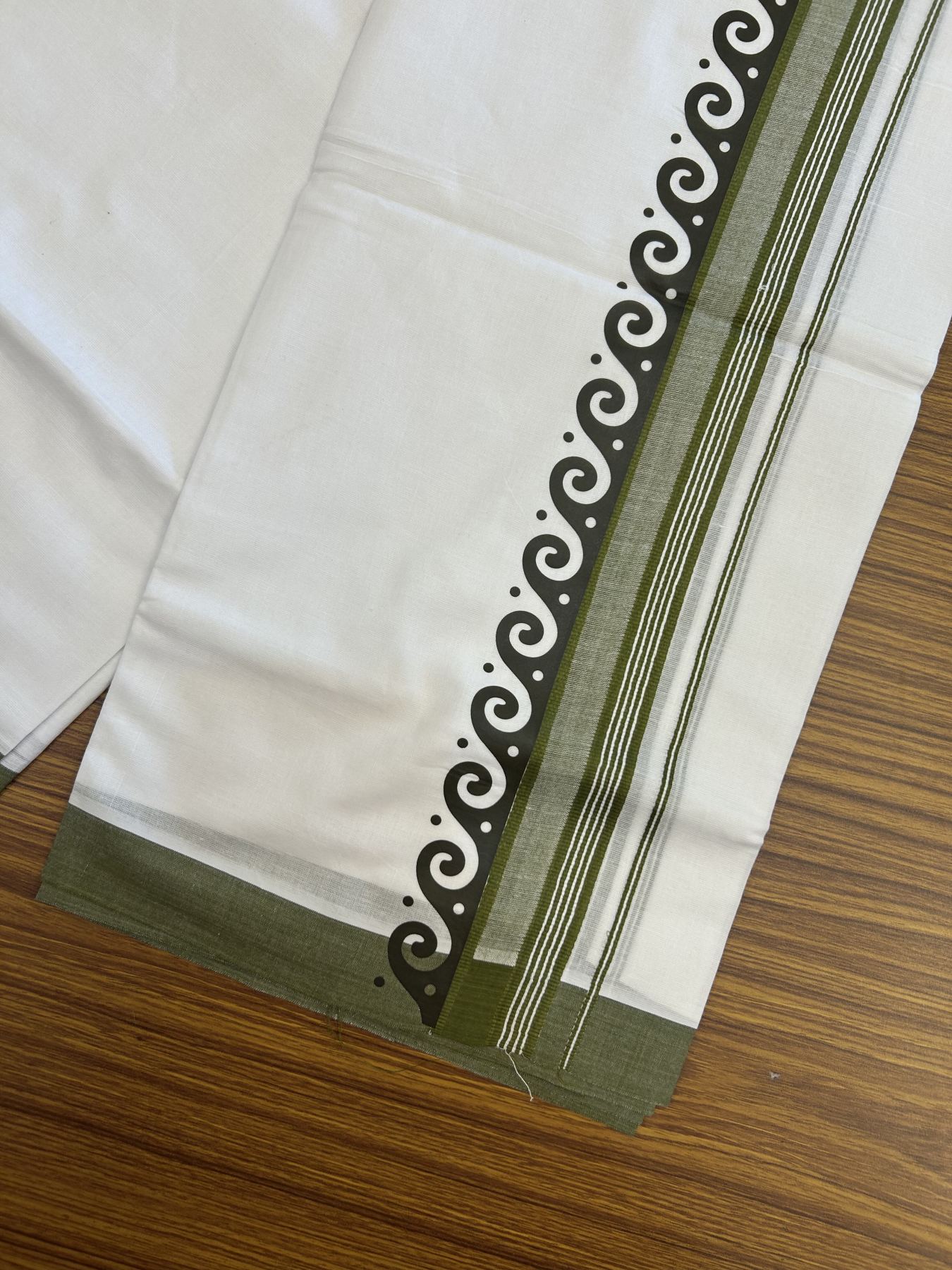 20% Discount ! KaithariKada Balaramapuram Cotton Double Pure white Mundu/Dhoti- 80s - 2.5 inch Olive Green Printed Shade Stripes Design Kara - 3.65 mtr (8 muzham) - 47 KK5329 GAN