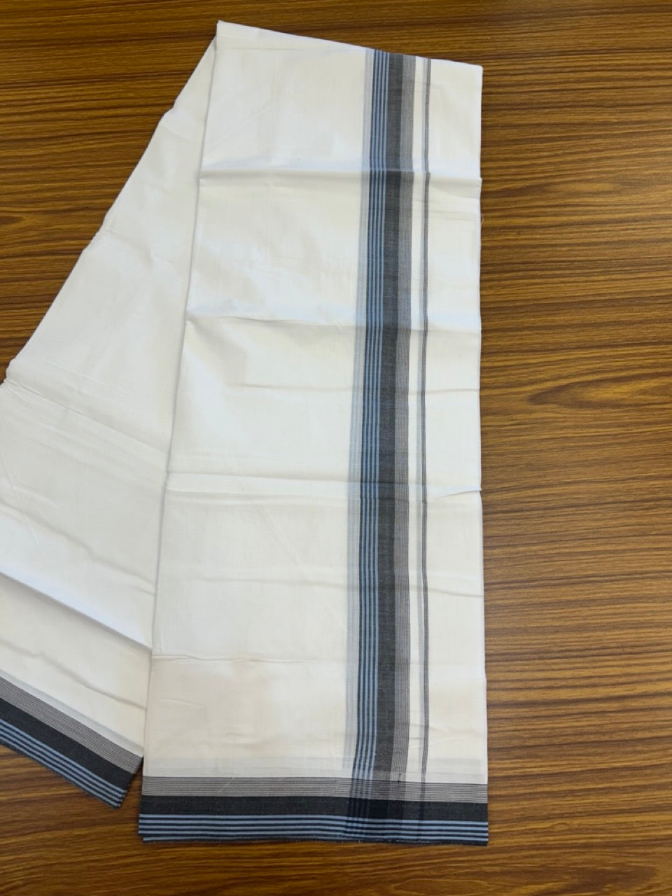 20% Discount ! Kaitharikada Balaramapuram 100% Cotton PURE WHITE Double Mundu/Dothi - 100x80 - 1.5 inch Black & Blue Shaded Striped Kara 3.90 mtr (8 muzham) - 75 KK5294 THI