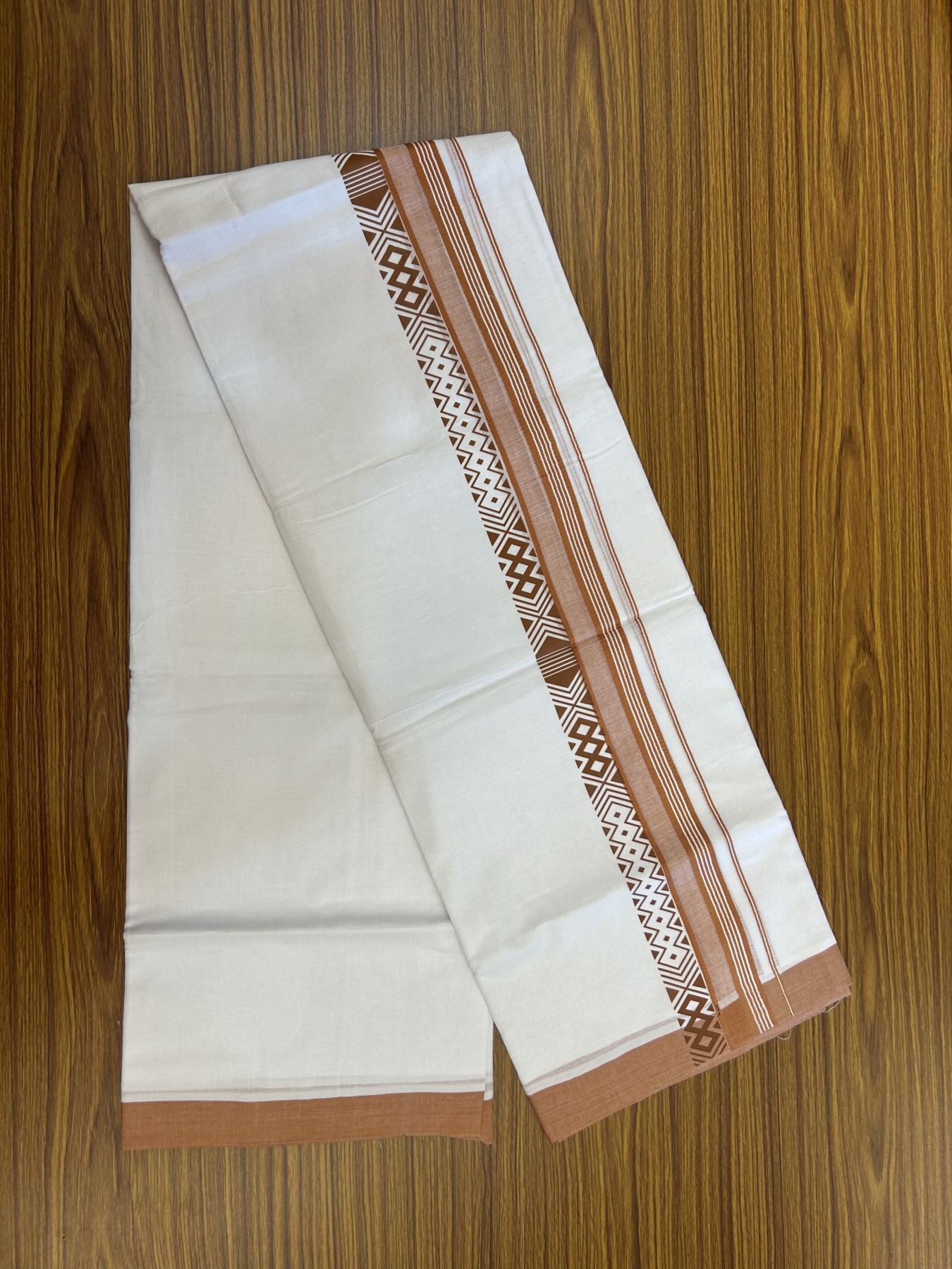 20% Discount ! KaithariKada Balaramapuram Cotton Double Pure white Mundu/Dhoti- 80s - 2.5 inch Brown Printed Shade Stripes Design Kara - 3.65 mtr (8 muzham) - 59 KK5329 GAN