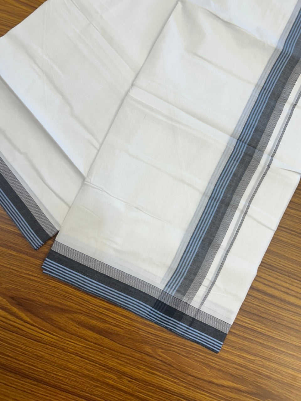 20% Discount ! Kaitharikada Balaramapuram 100% Cotton PURE WHITE Double Mundu/Dothi - 100x80 - 1.5 inch Black & Blue Shaded Striped Kara 3.90 mtr (8 muzham) - 75 KK5294 THI