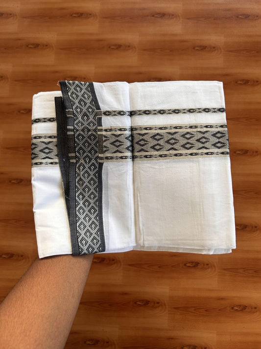 Double Pure White Mundu/Dhoti - 20% Discount ! KaithariKada Balaramapuram 100% Cotton- 100X80 - 1.75 inch Silver Kasav & Black Jacquard Design kara 3.90 mtr (8 Muzham) - 10 KK5432 PMC