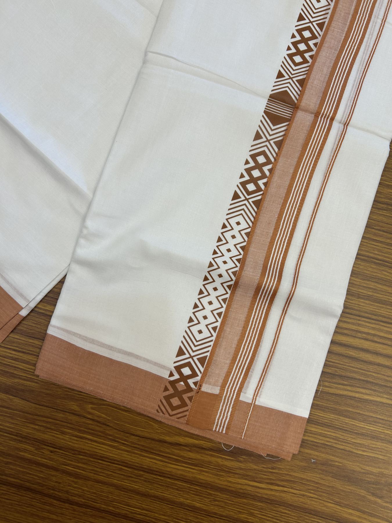 20% Discount ! KaithariKada Balaramapuram Cotton Double Pure white Mundu/Dhoti- 80s - 2.5 inch Brown Printed Shade Stripes Design Kara - 3.65 mtr (8 muzham) - 59 KK5329 GAN