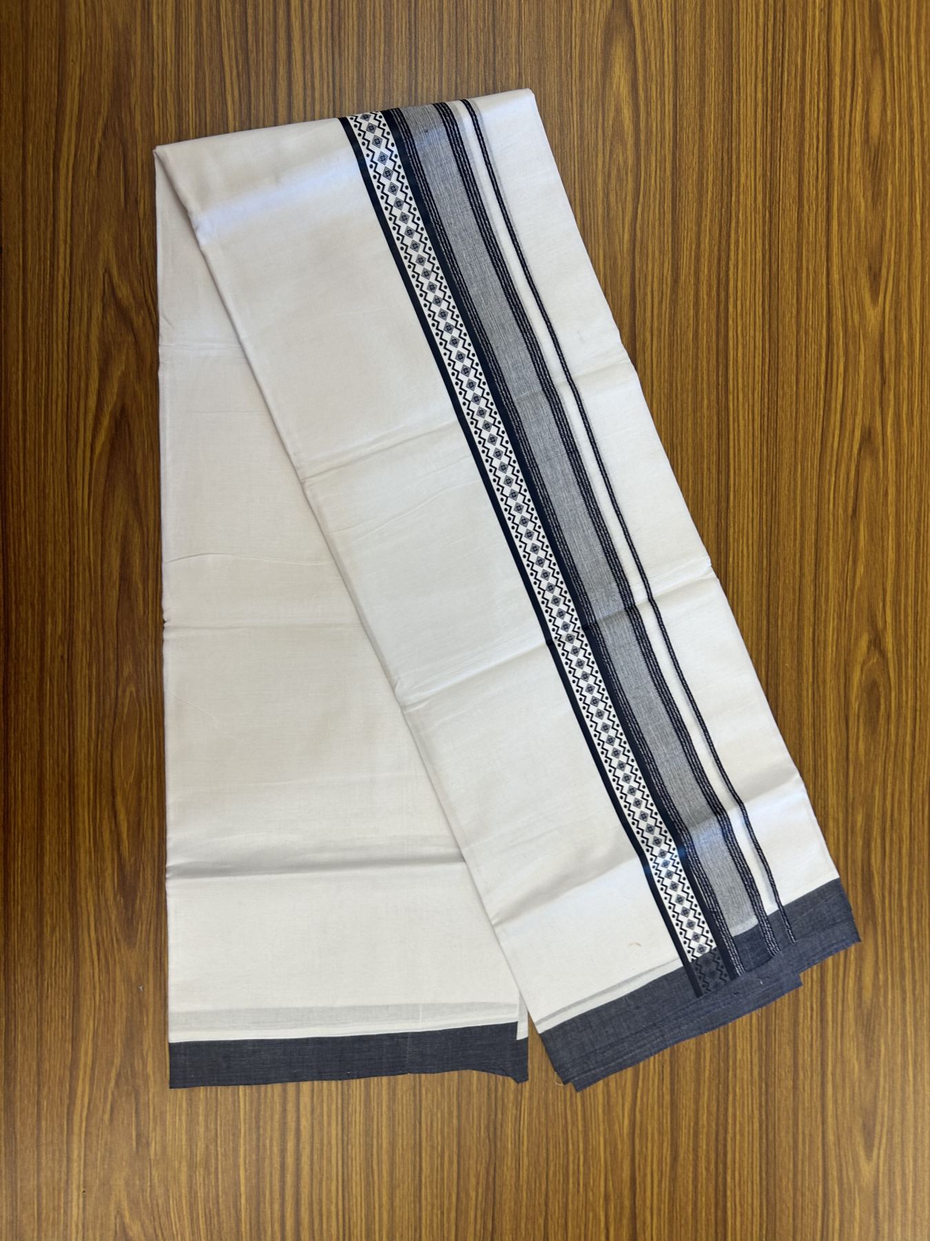 20% Discount ! KaithariKada Balaramapuram Cotton Double Pure white Mundu/Dhoti- 60s - 2.5 inch Navy Blue Printed Shade Stripes Design Kara - 3.65 mtr (8 muzham) - 34 KK5329 GAN