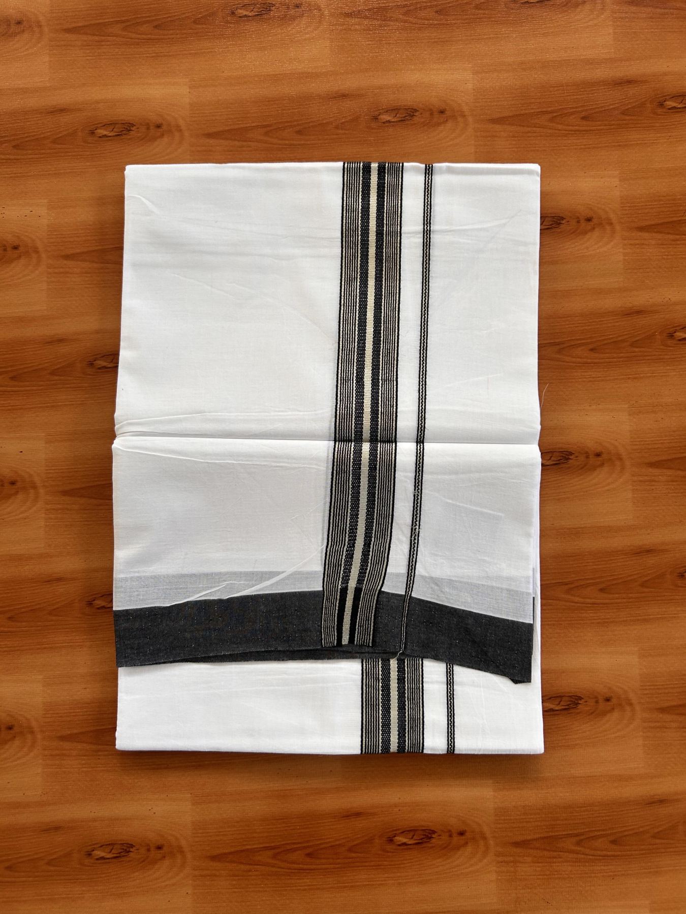 20% Discount ! Kaitharikada Balaramapuram 100% Cotton Pure White Double Mundu/Dothi - 100x80 - 1.5 inch Silver Kasav & Black Striped Kara 3.90 m (8 muzham) - 26 KK5432 PMC