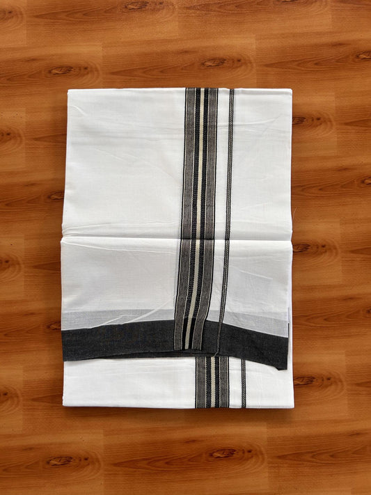 20% Discount ! Kaitharikada Balaramapuram 100% Cotton Pure White Double Mundu/Dothi - 100x80 - 1.5 inch Silver Kasav & Black Striped Kara 3.90 m (8 muzham) - 26 KK5432 PMC