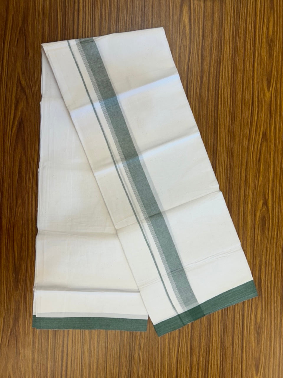 KaithariKada Balaramapuram 100% Cotton Single Pure White Mundu/Dhoti - 100X80 - 1.5 inch Green Shaded Side Stripes kara 2 mtr (4 muzham) - 17 KK5294 THI