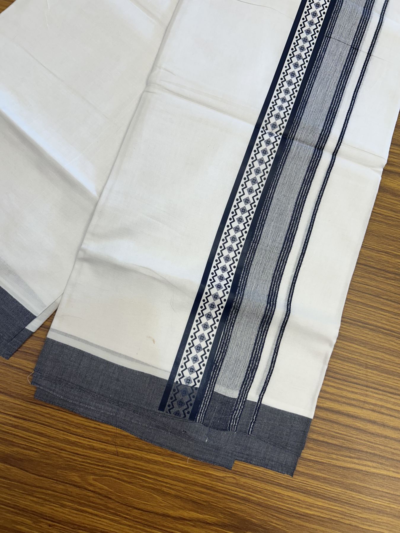 20% Discount ! KaithariKada Balaramapuram Cotton Double Pure white Mundu/Dhoti- 60s - 2.5 inch Navy Blue Printed Shade Stripes Design Kara - 3.65 mtr (8 muzham) - 34 KK5329 GAN