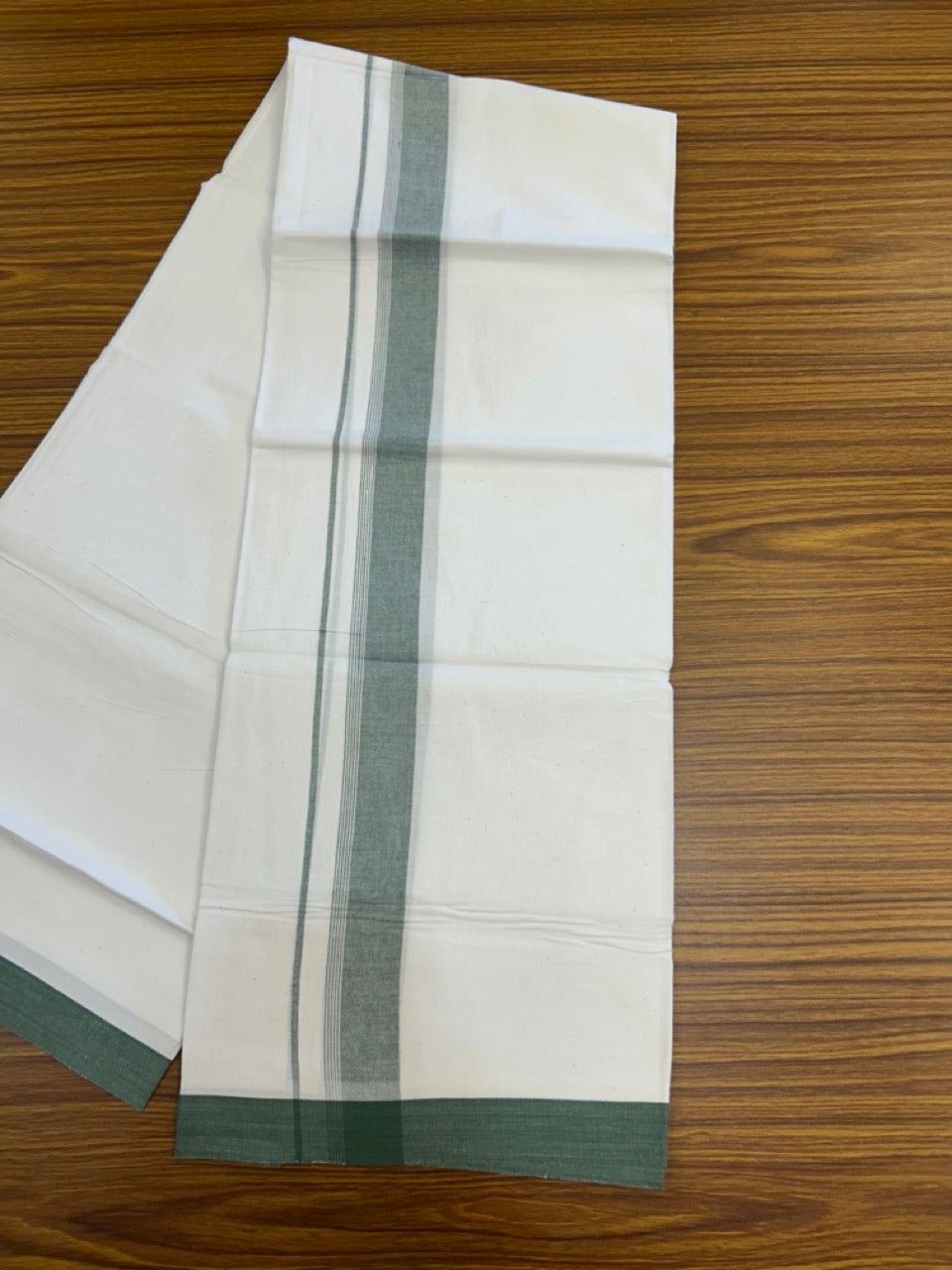 KaithariKada Balaramapuram 100% Cotton Single Pure White Mundu/Dhoti - 100X80 - 1.5 inch Green Shaded Side Stripes kara 2 mtr (4 muzham) - 17 KK5294 THI