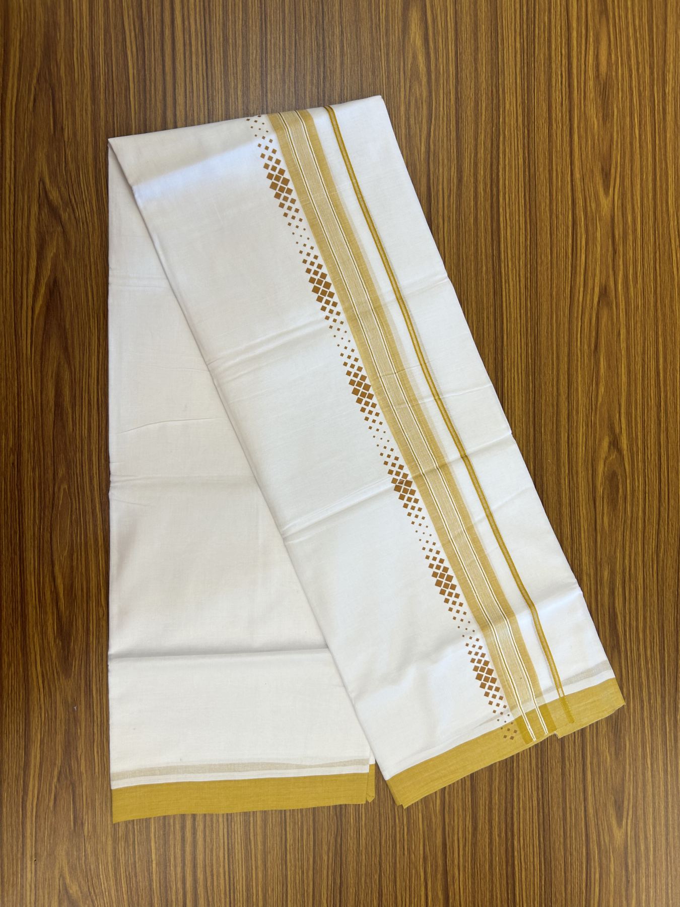 20% Discount ! KaithariKada Balaramapuram Cotton Double Pure white Mundu/Dhoti- 80s - 2.5 inch Yellow Printed Shade Stripes Design Kara - 3.65 mtr (8 muzham) - 13 KK5329 GAN