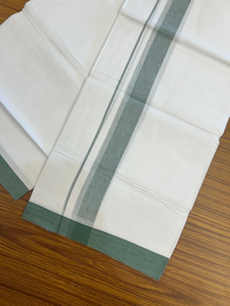 KaithariKada Balaramapuram 100% Cotton Single Pure White Mundu/Dhoti - 100X80 - 1.5 inch Green Shaded Side Stripes kara 2 mtr (4 muzham) - 17 KK5294 THI