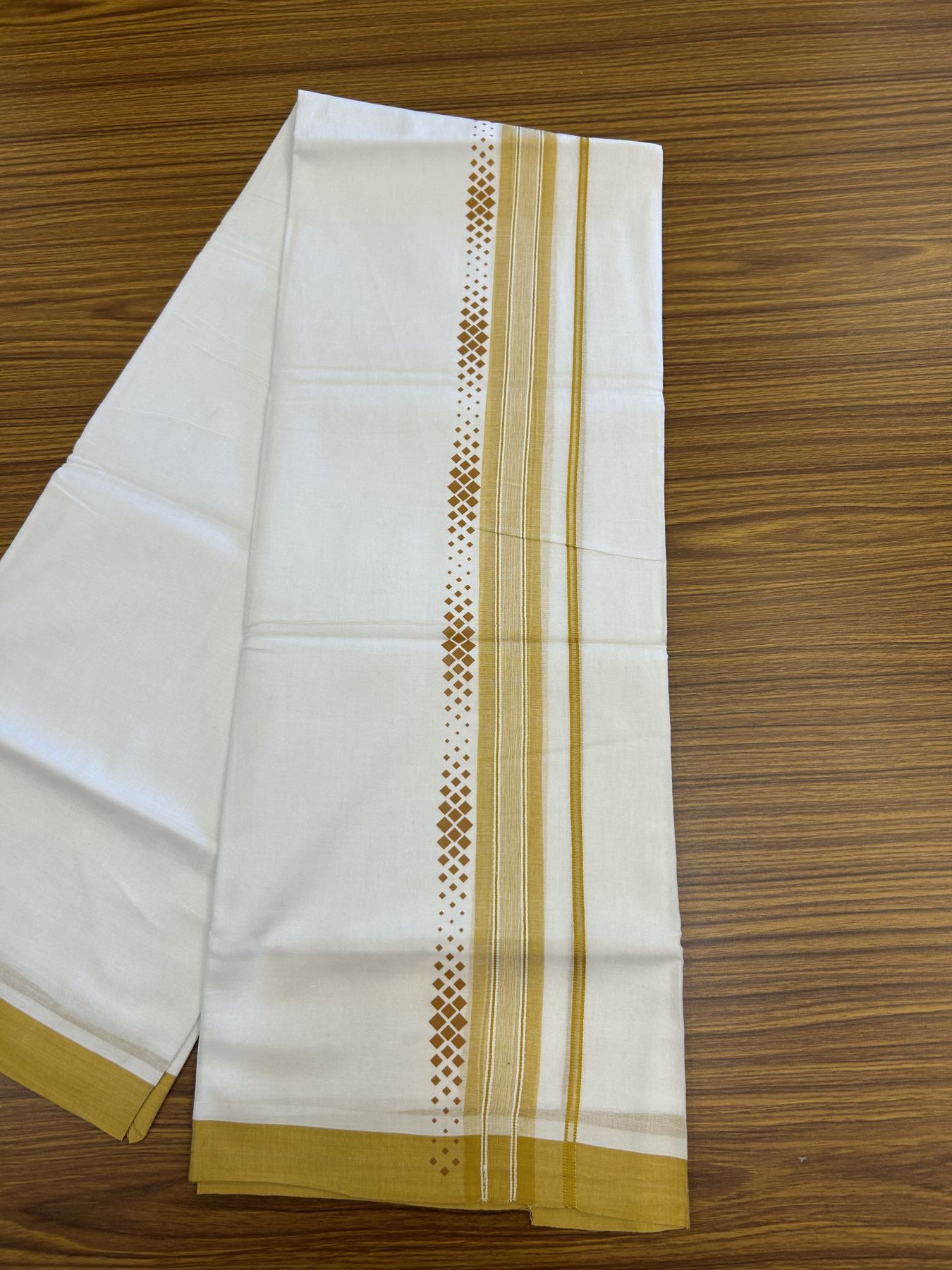20% Discount ! KaithariKada Balaramapuram Cotton Double Pure white Mundu/Dhoti- 80s - 2.5 inch Yellow Printed Shade Stripes Design Kara - 3.65 mtr (8 muzham) - 13 KK5329 GAN