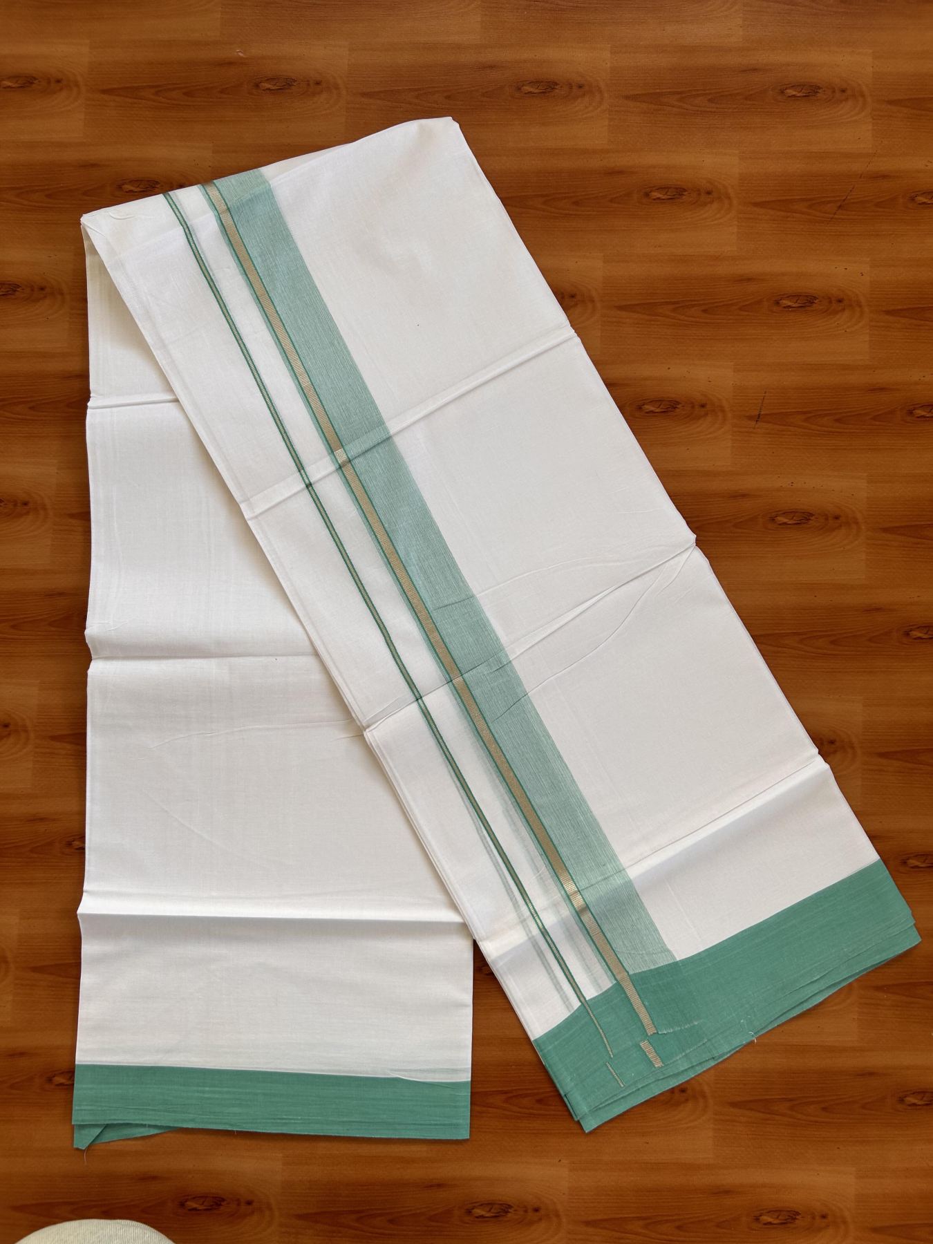 Pure White Double Mundu/Dhoti - 20% Discount ! Kaitharikada Balaramapuram 100% Cotton - 100x80 - 1.5 inch Silver Kasav & Blue Green Shaded Striped Kara 3.90 m (8 muzham) - 28 KK5432 PMC
